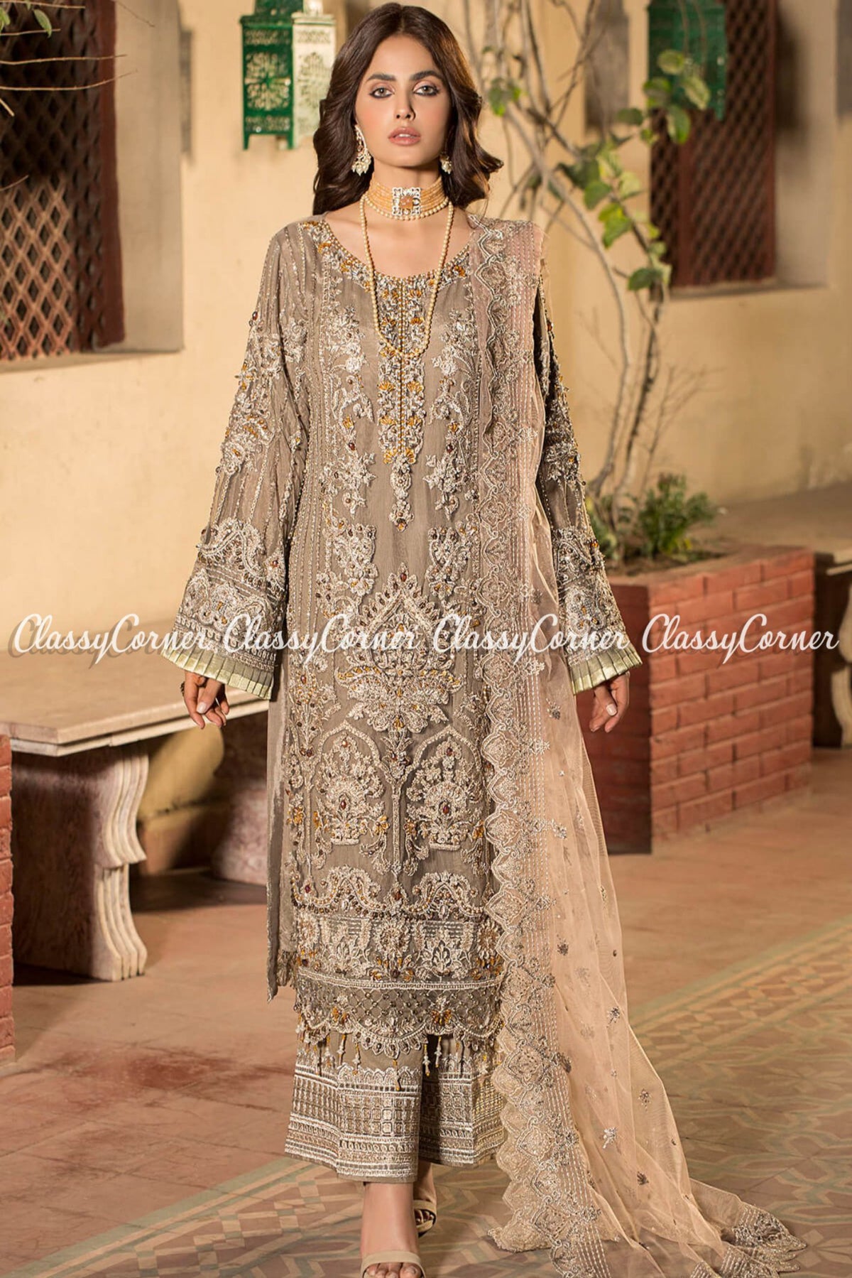Pakistani Golden Beige Peach Net Embroidered Wedding Wear Salwar Kameez