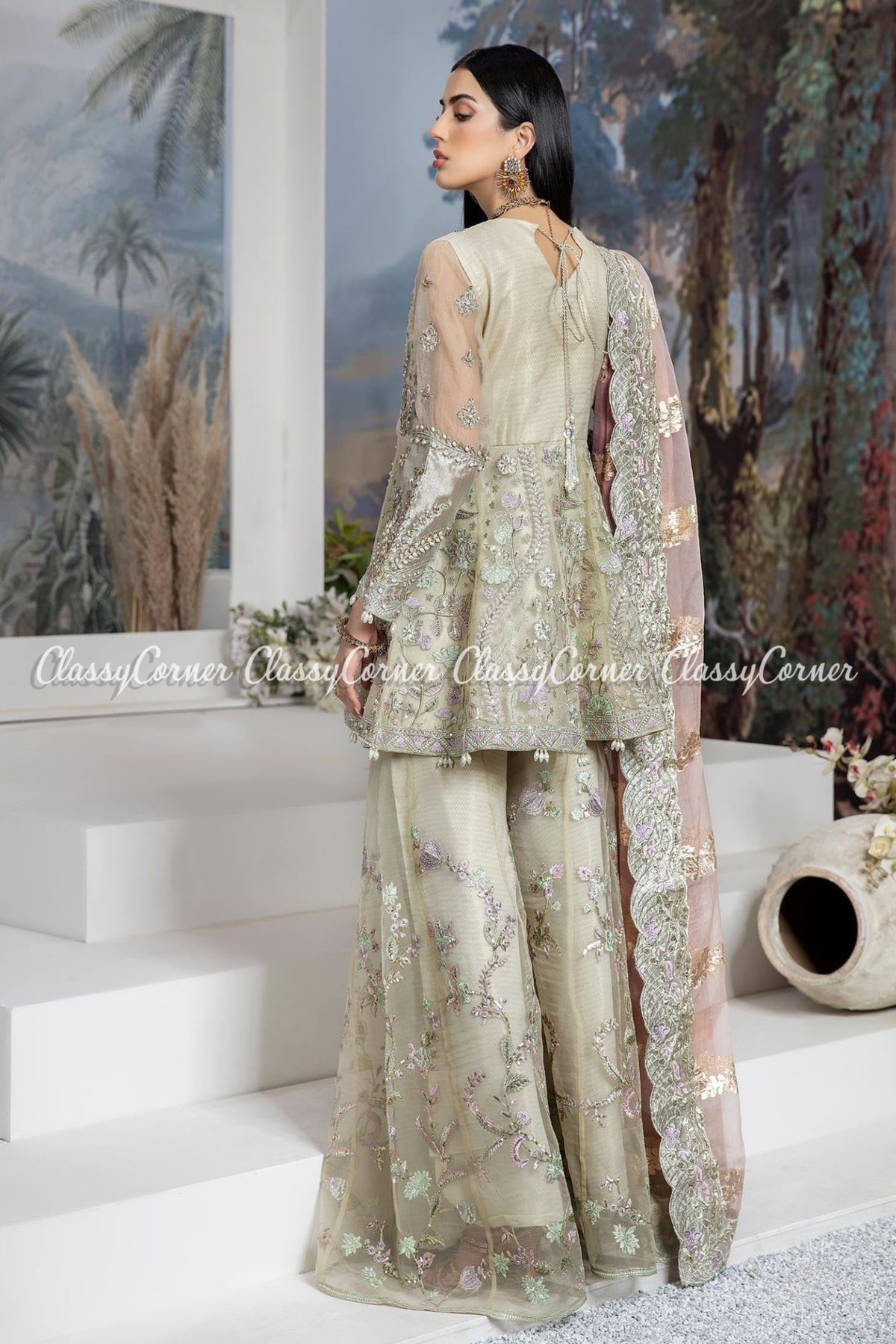 Golden Beige Pink Organza Embroidered Sharara