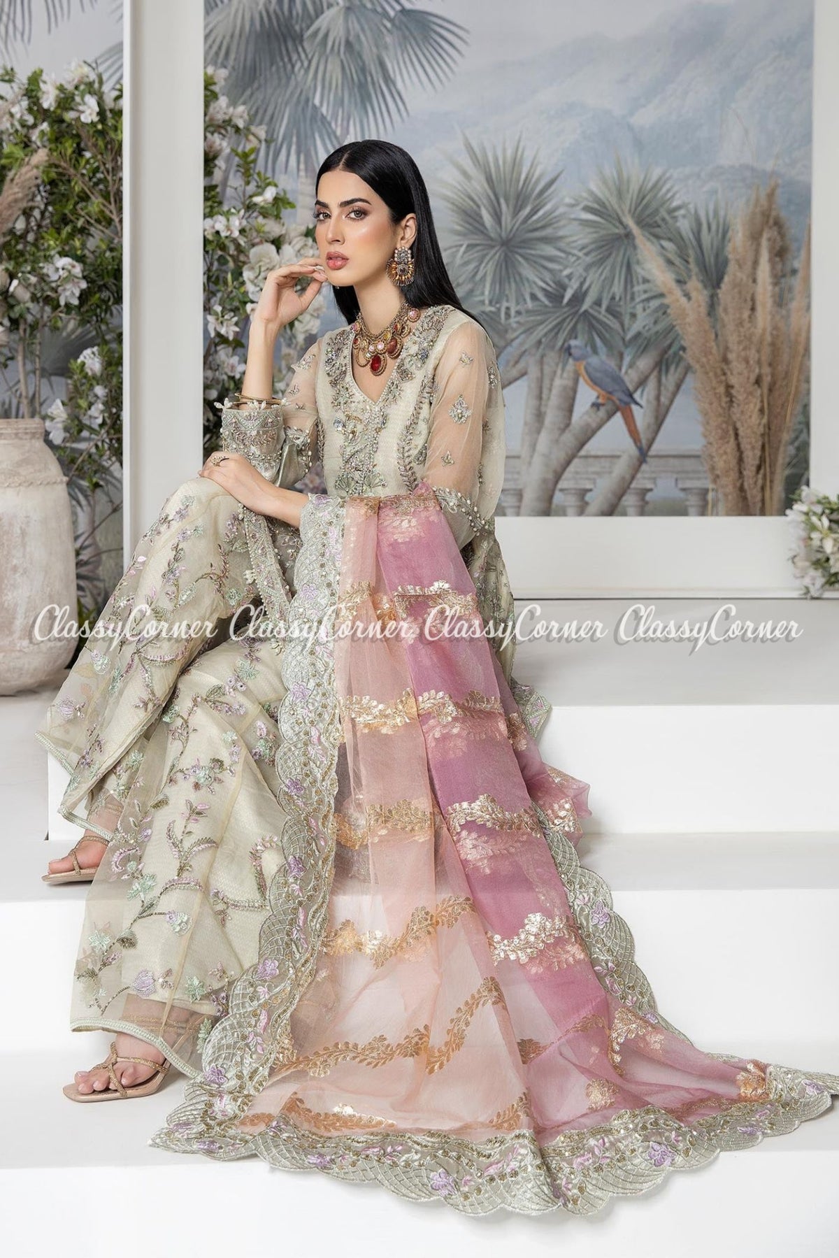 Golden Beige Pink Organza Embroidered Sharara