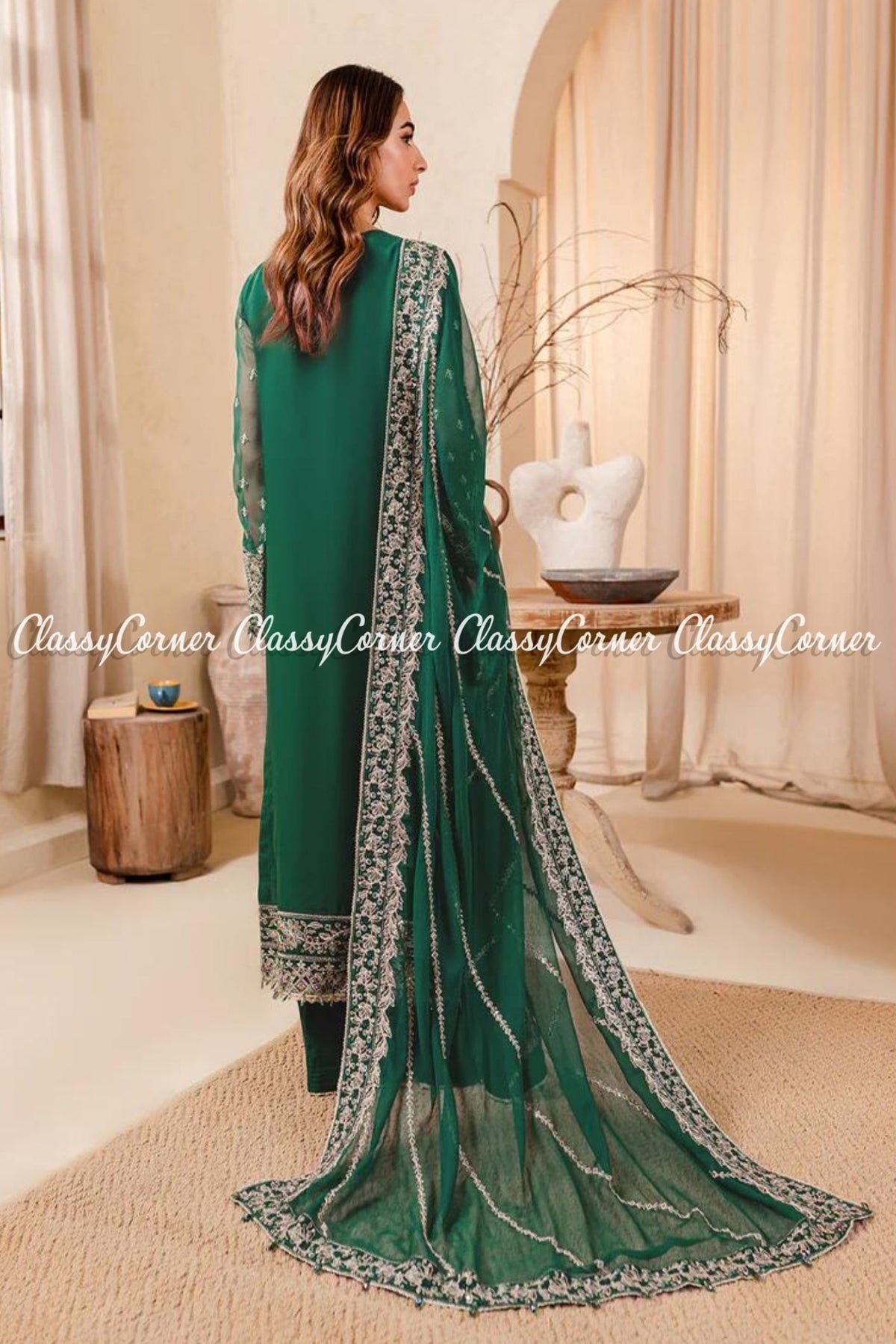 Green Chiffon Embroidered Formal Wear Outfit