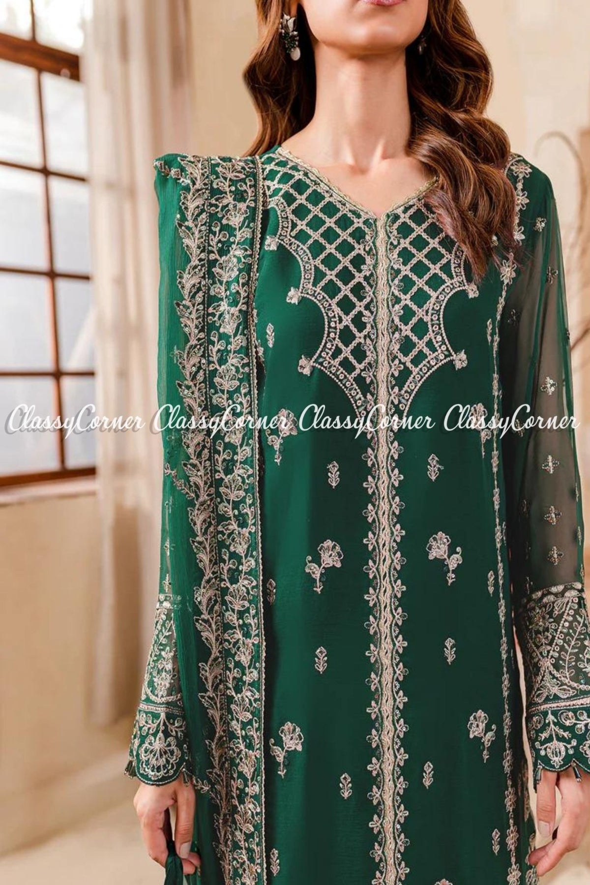 Green Chiffon Embroidered Formal Wear Outfit