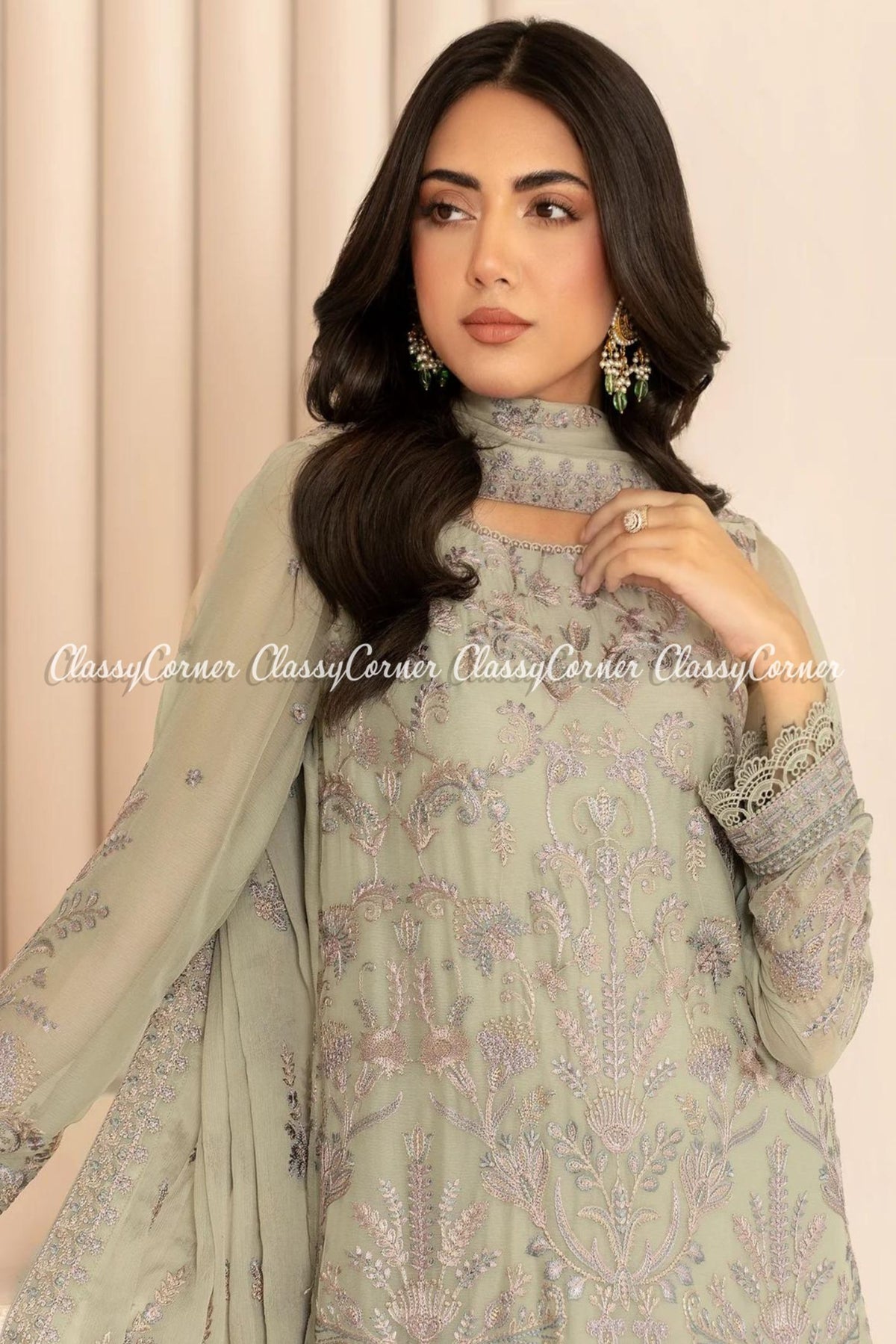 Light Green Chiffon Embroidered Formal Wear Suit