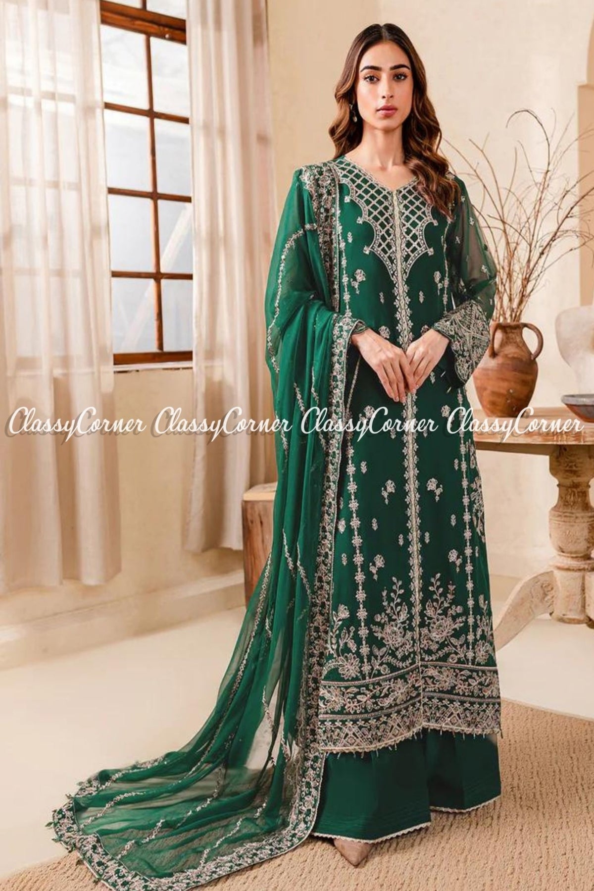 Green Chiffon Embroidered Formal Wear Outfit