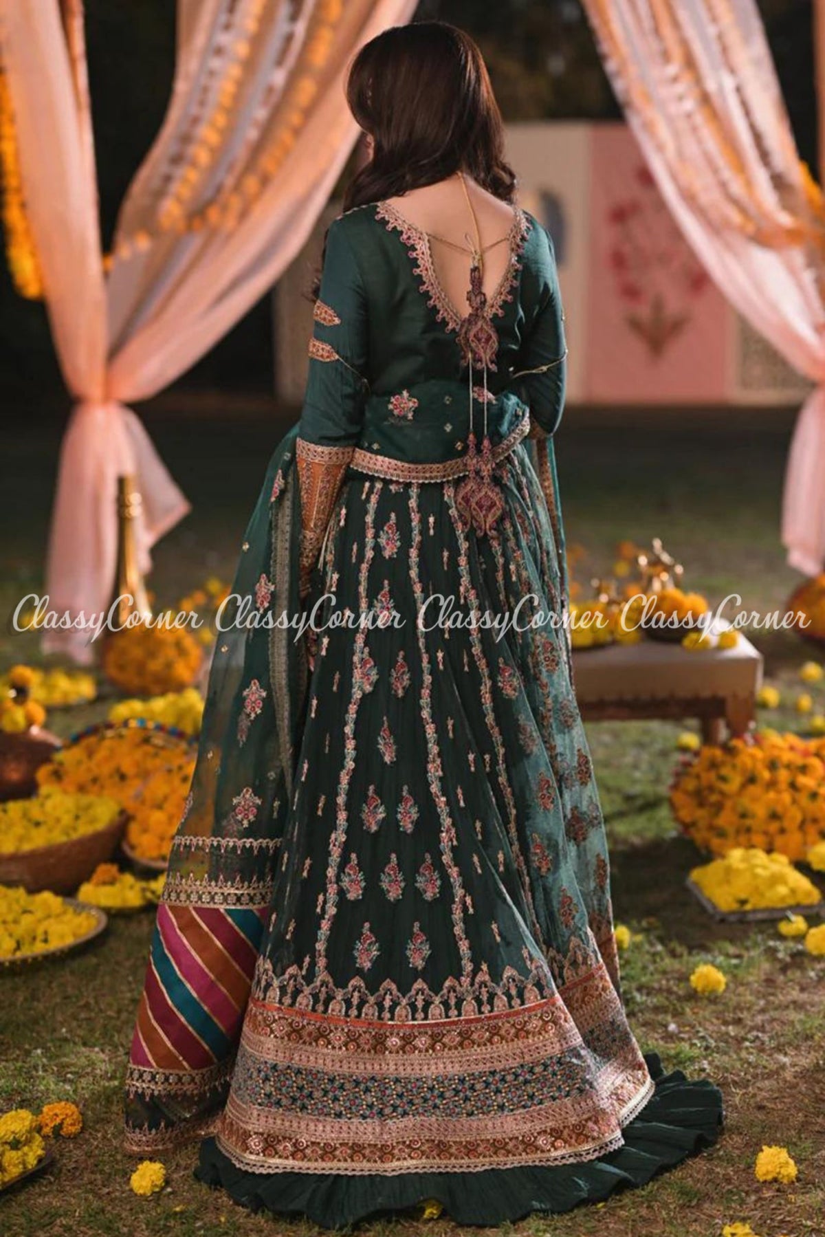 Bottle Green Multicolor Embroidered Pakistani Gown Lehenga