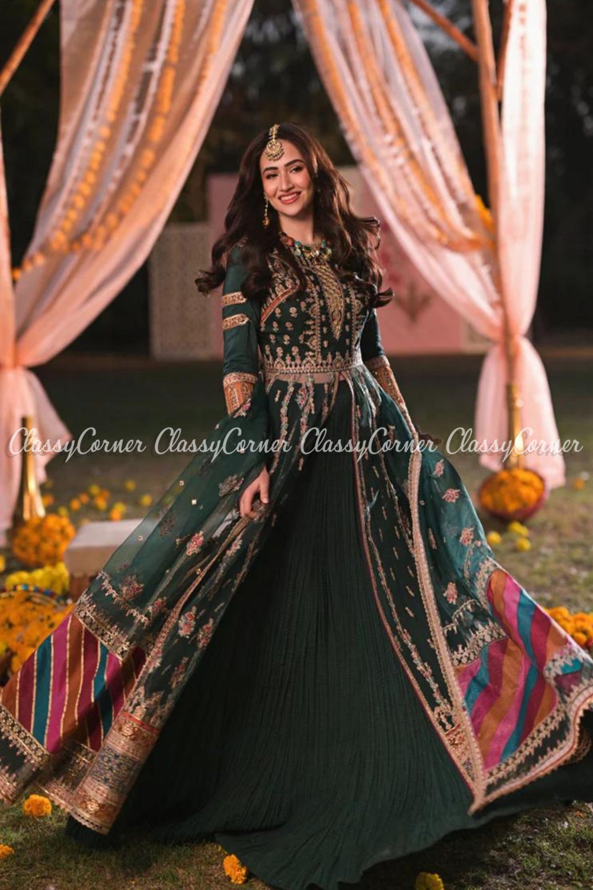 Bottle Green Multicolor Embroidered Pakistani Gown Lehenga