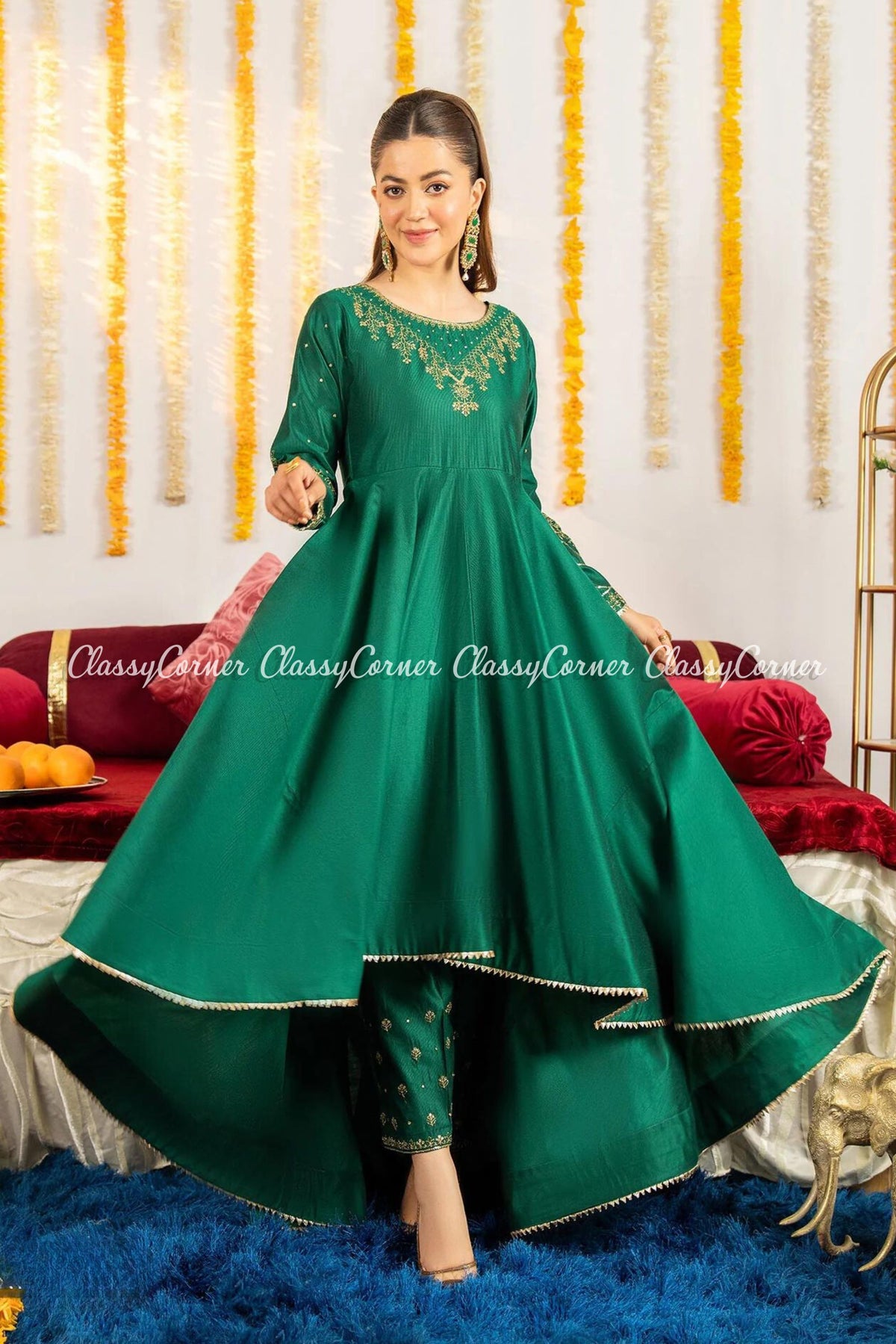 Green Golden Katan Embroidered Frock