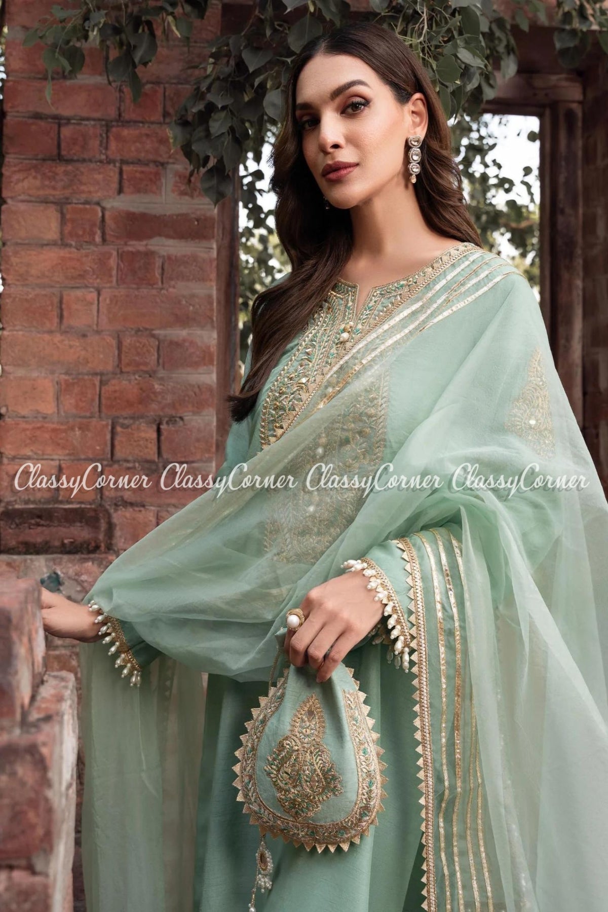 Pastel Green Khaddi Silk Party Wear Outfit