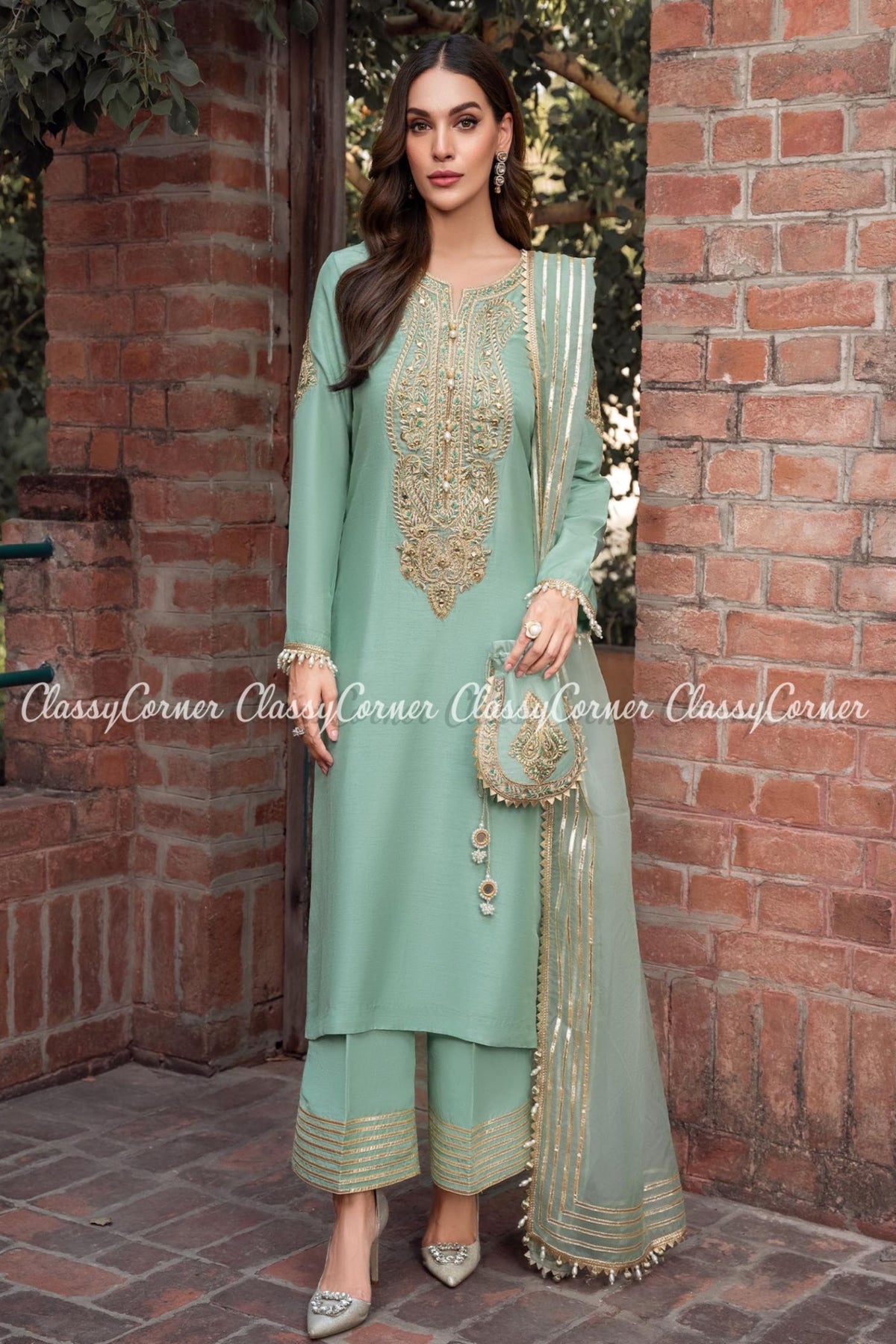 Pastel Green Khaddi Silk Party Wear Outfit