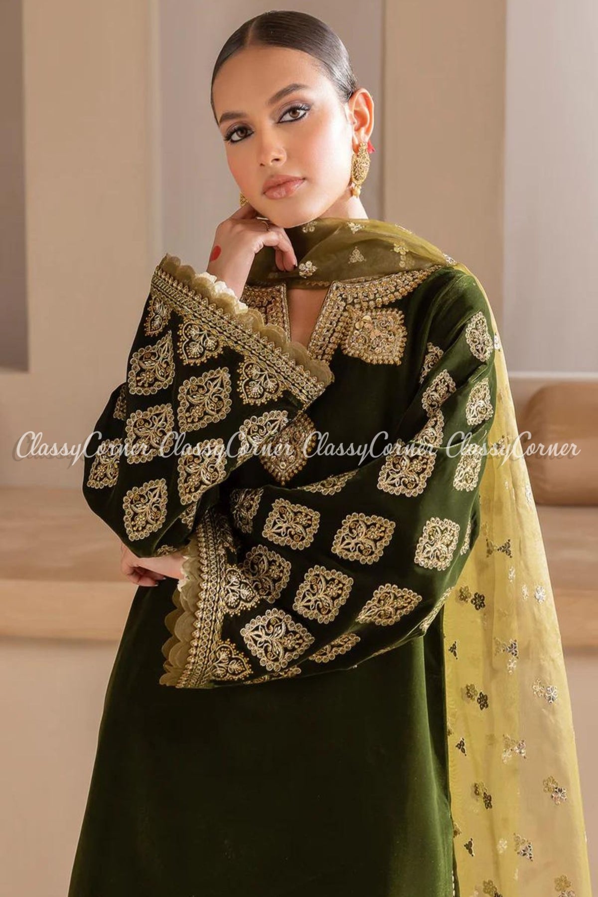 Green Golden Embroidered Velvet Pakistani Salwar Kameez