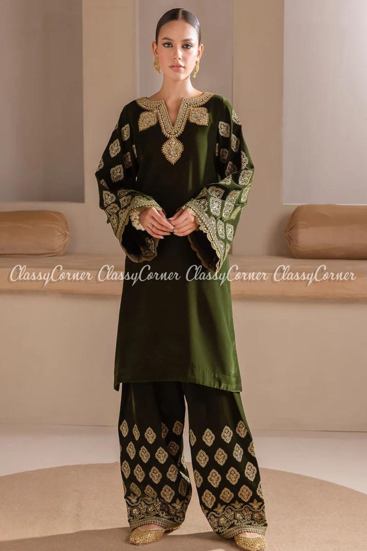 Green Golden Embroidered Velvet Pakistani Salwar Kameez