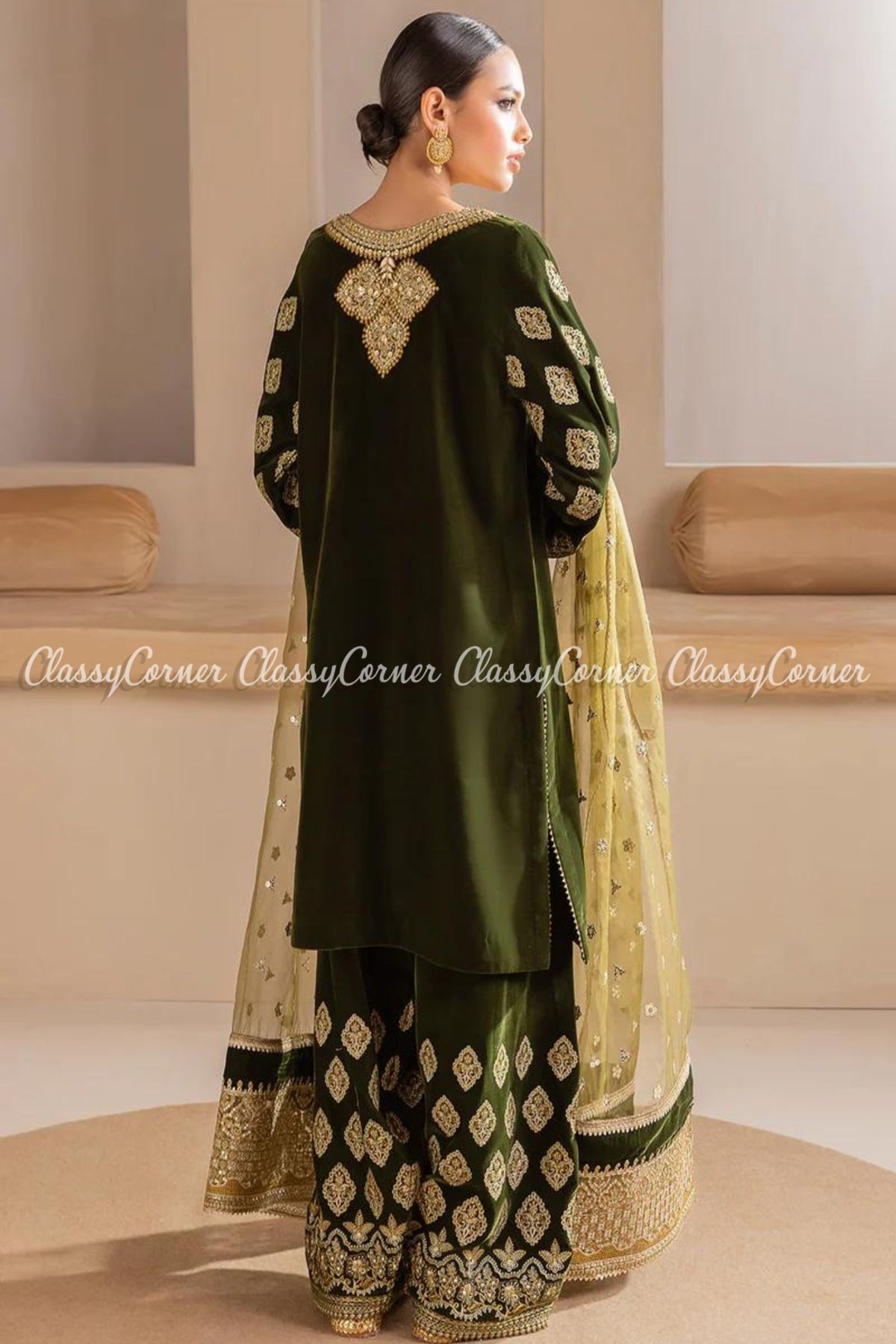 Green Golden Embroidered Velvet Pakistani Salwar Kameez