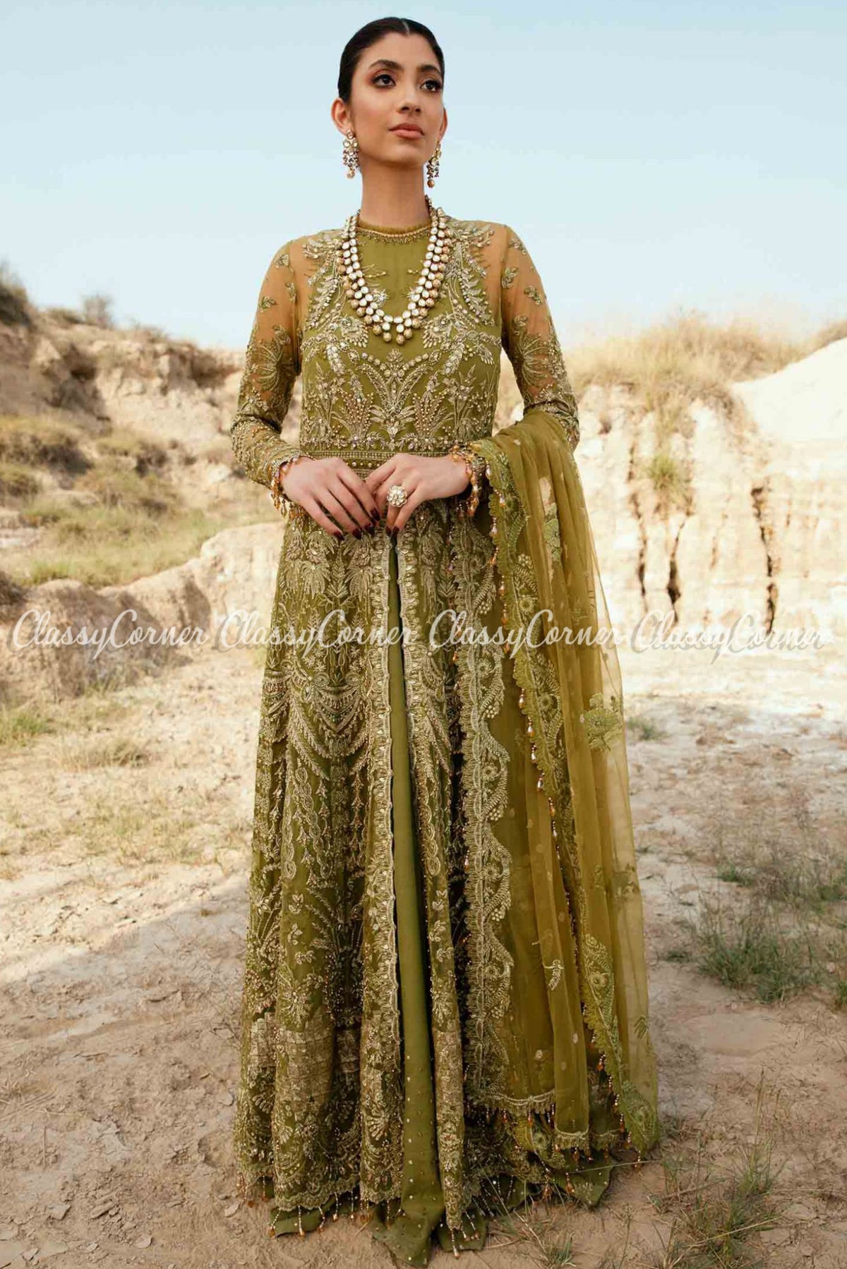 Green Net Embroidered Wedding Wear Gown