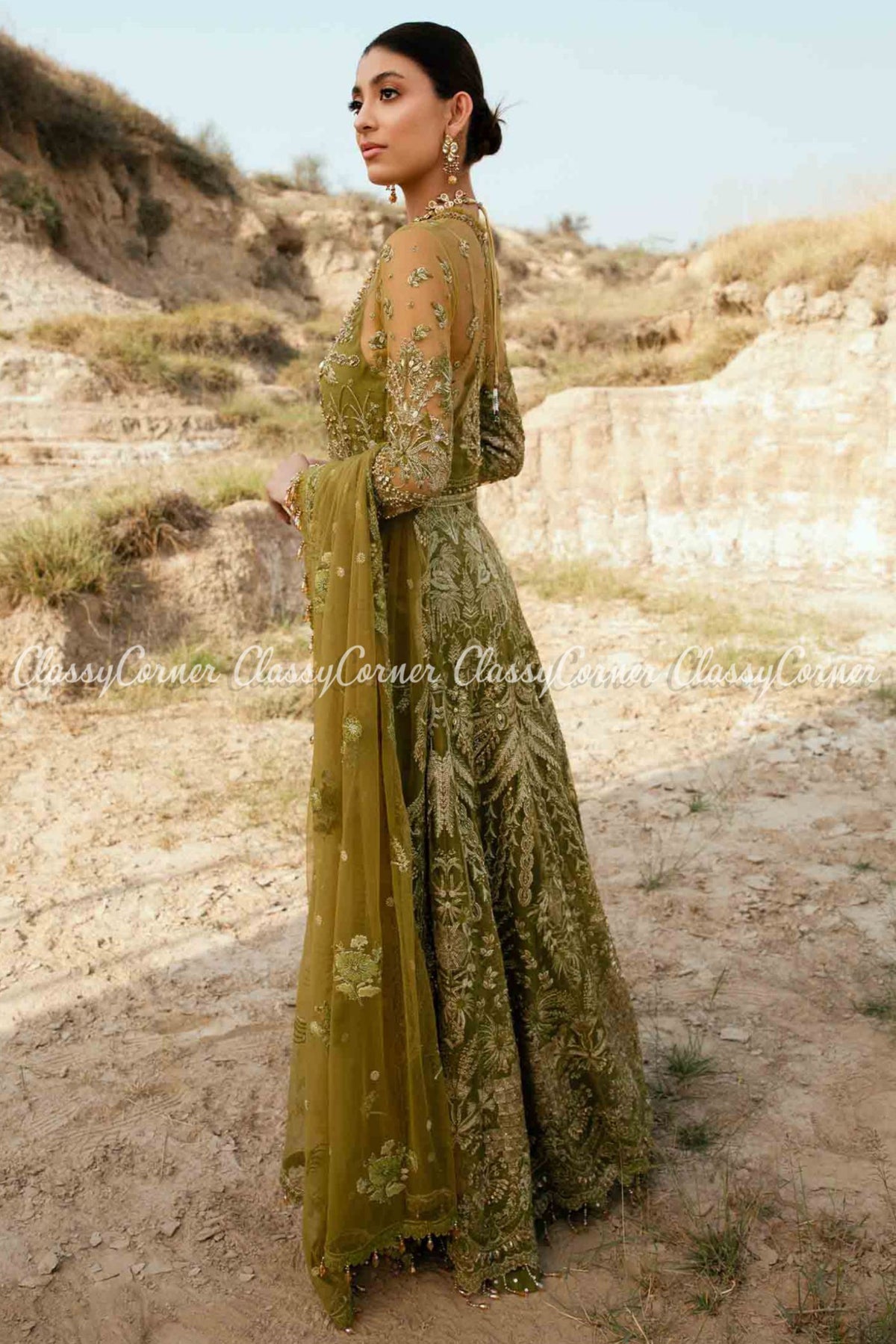 Green Net Embroidered Wedding Wear Gown