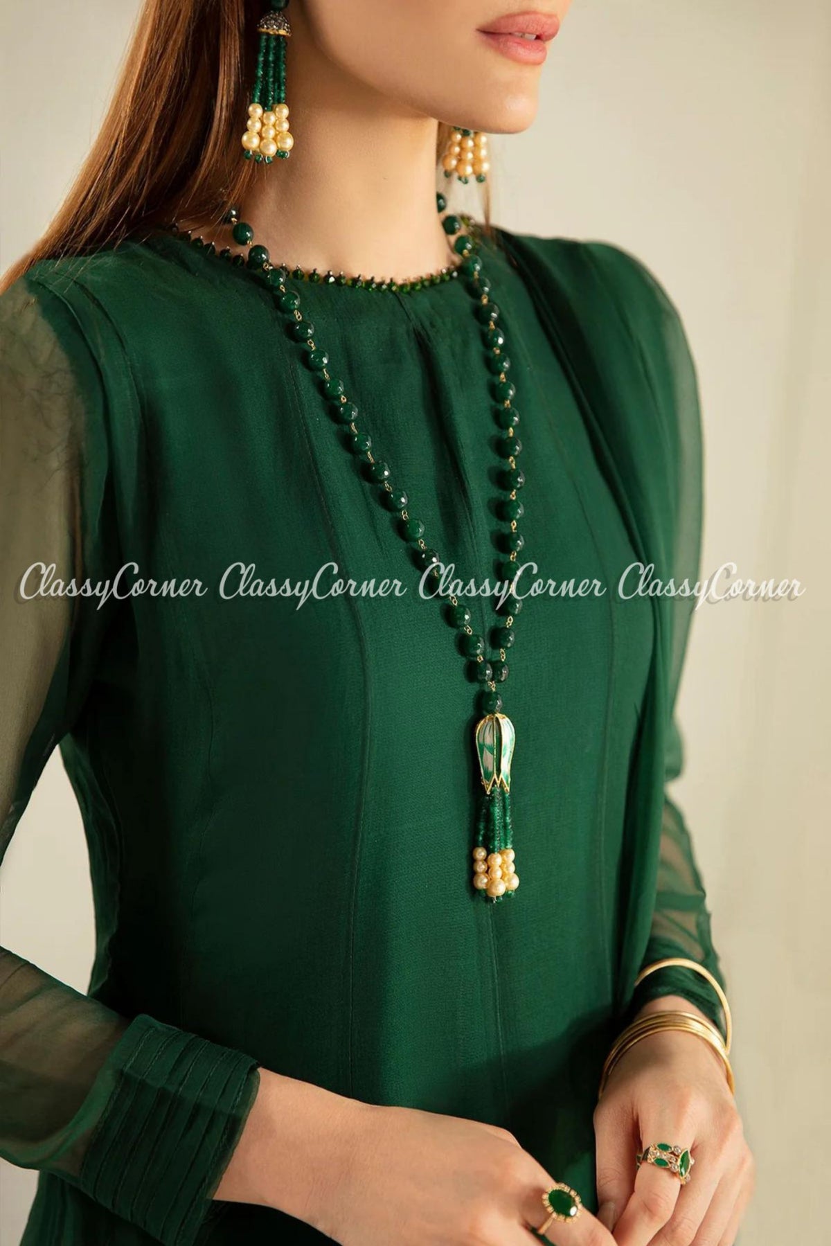 Green Plain Chiffon Pakistani Frock Maxi Dress