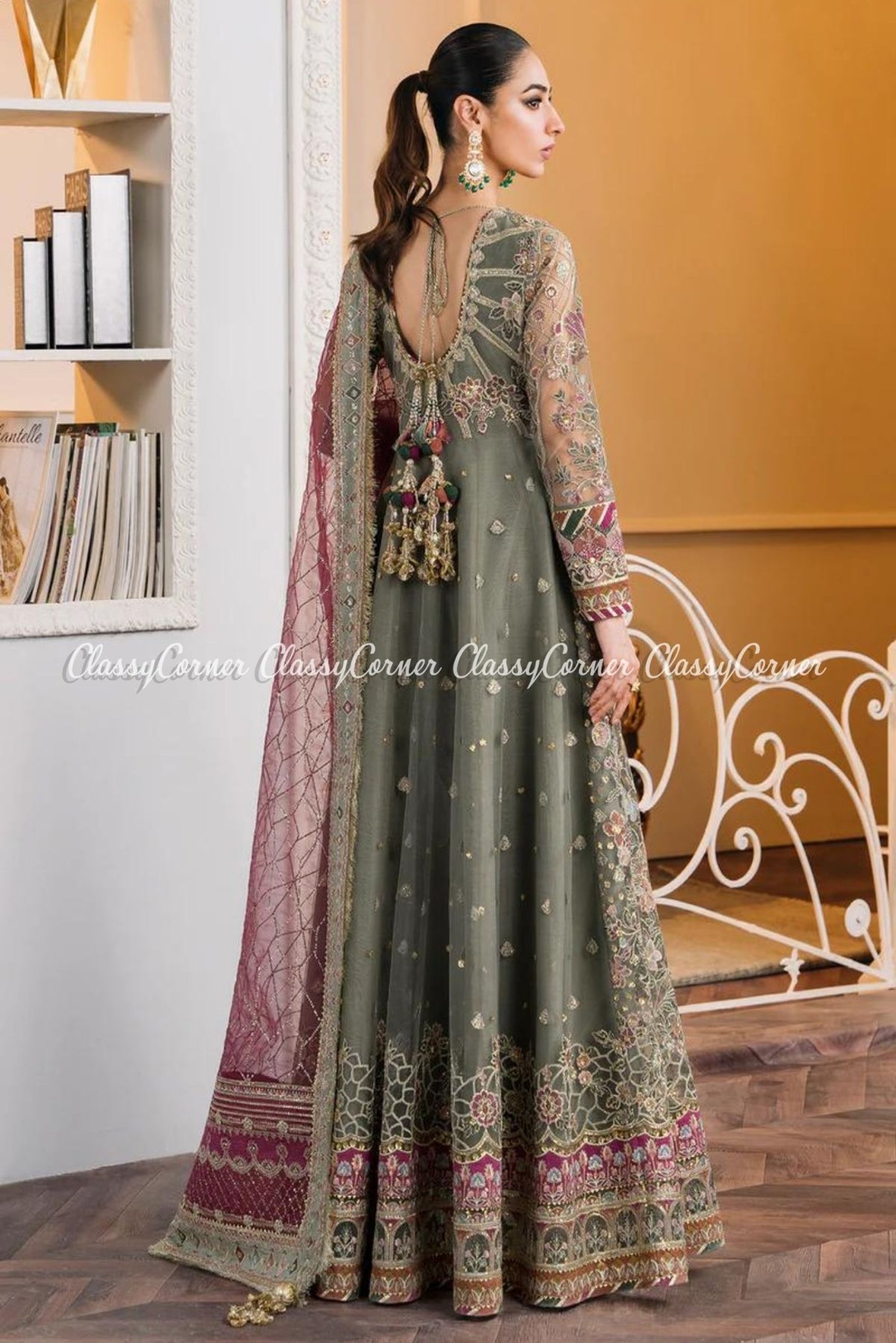 Sage Green Multi Net Embroidered Party Wear Gowns