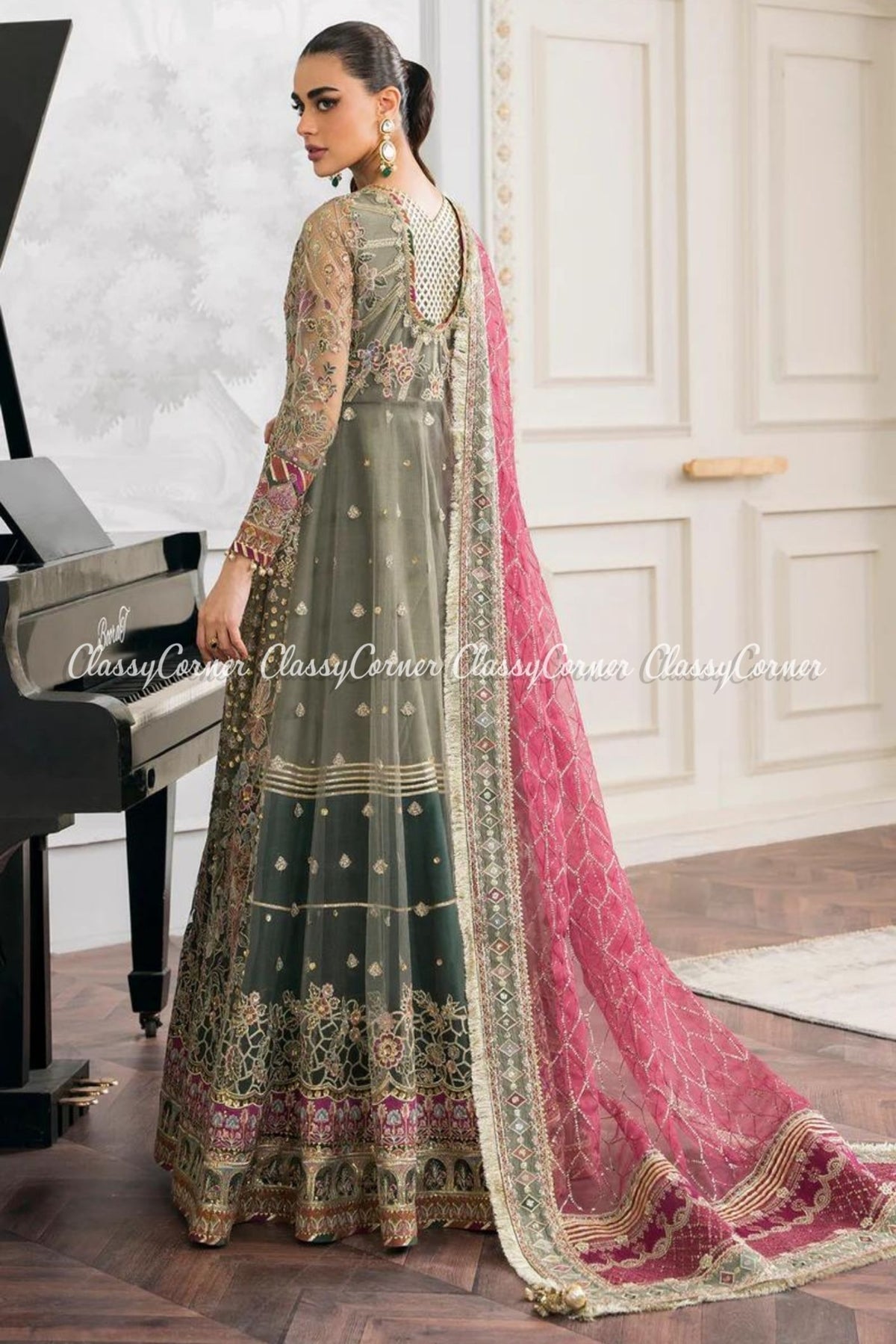 Sage Green Multi Net Embroidered Party Wear Gowns