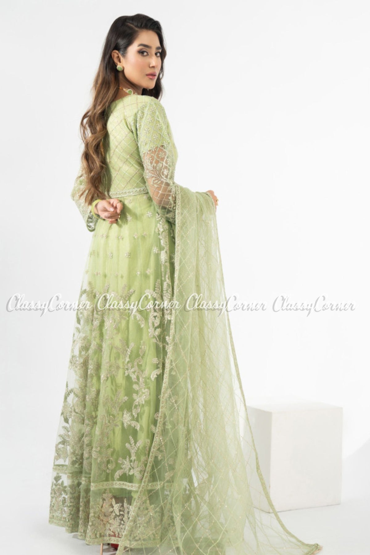 Pista Green Net Embellished Party Wear Readymade Gown Outfit