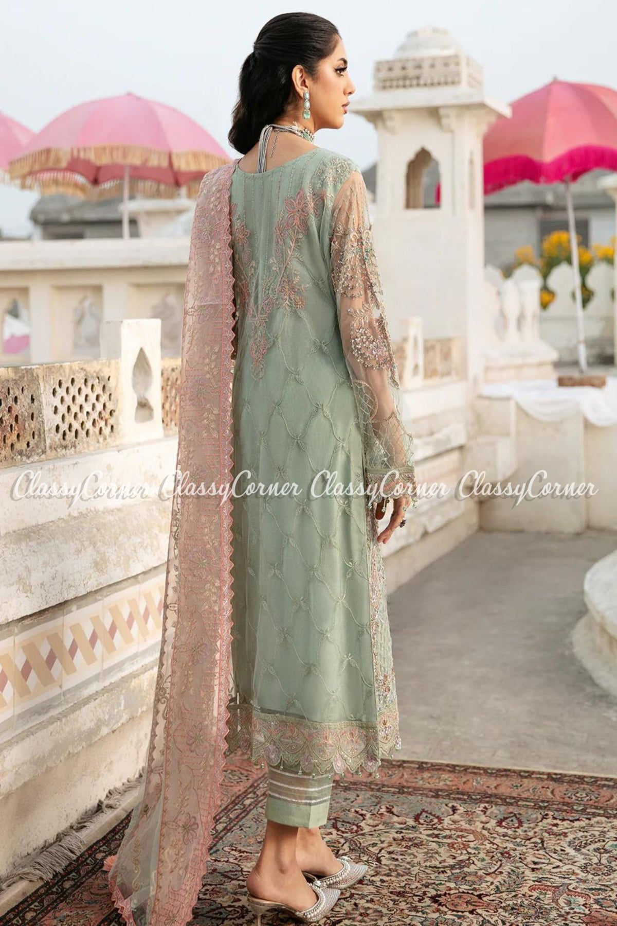 Pastel Green Net Pakistani Salwar Kameez