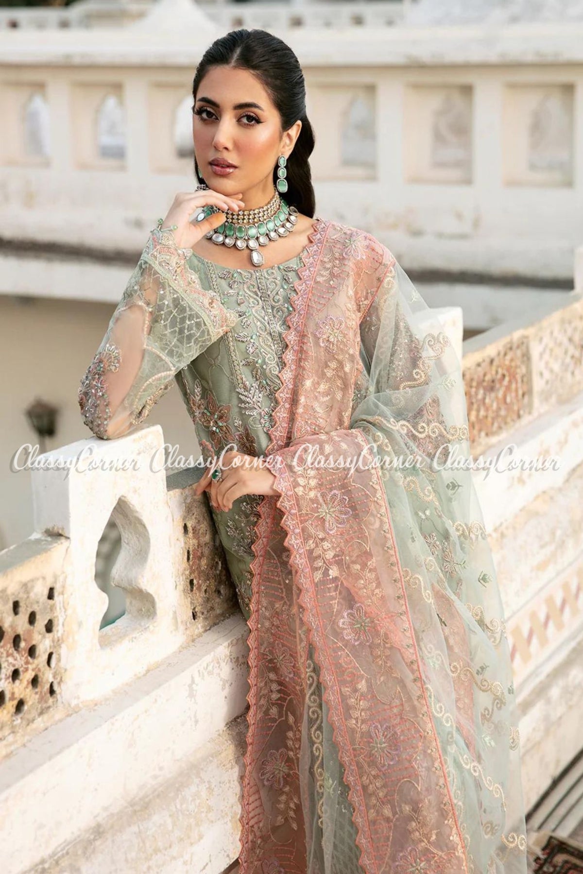 Pastel Green Net Pakistani Salwar Kameez