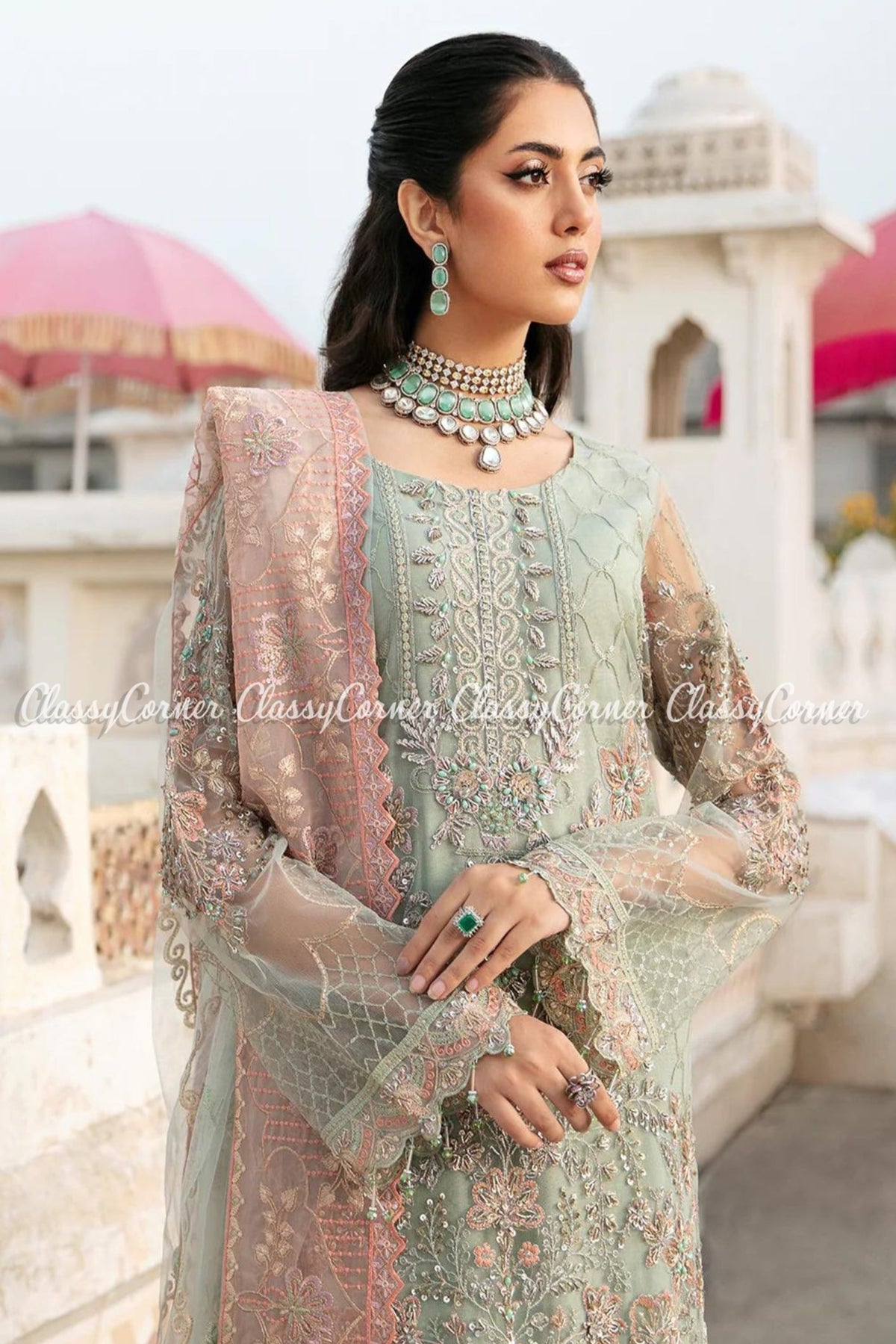 Pastel Green Net Pakistani Salwar Kameez