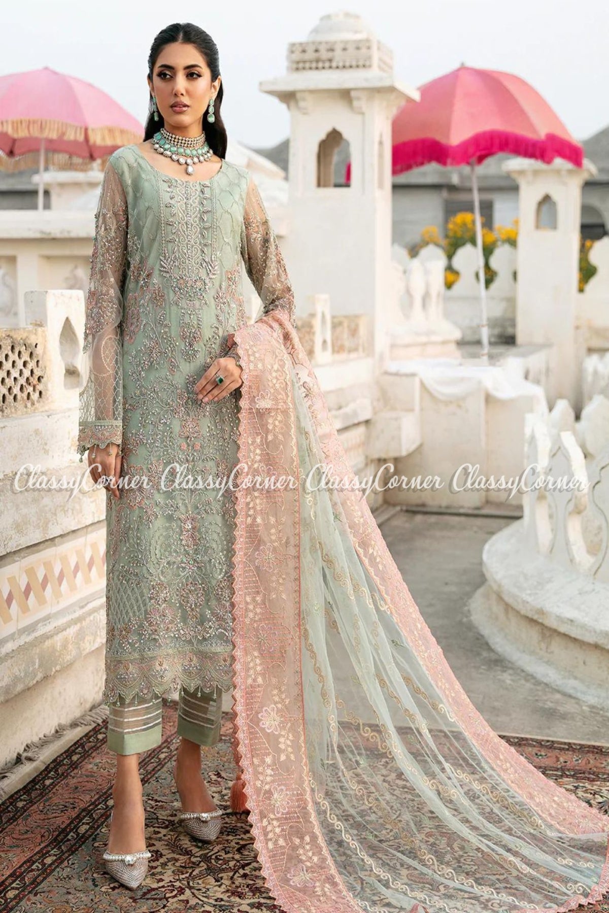 Pastel Green Net Pakistani Salwar Kameez