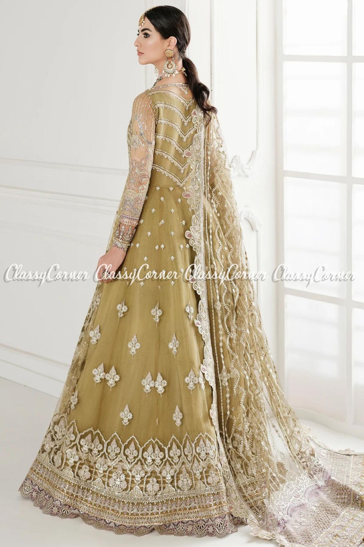 Olive Green Net Embroidered Party Wear Gown Outfits