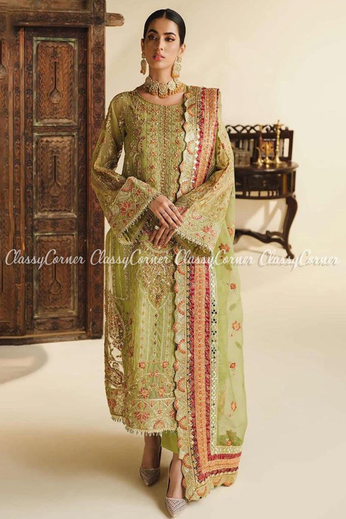 Green Orange Organza Embellished Wedding Wear Salwar Kameez