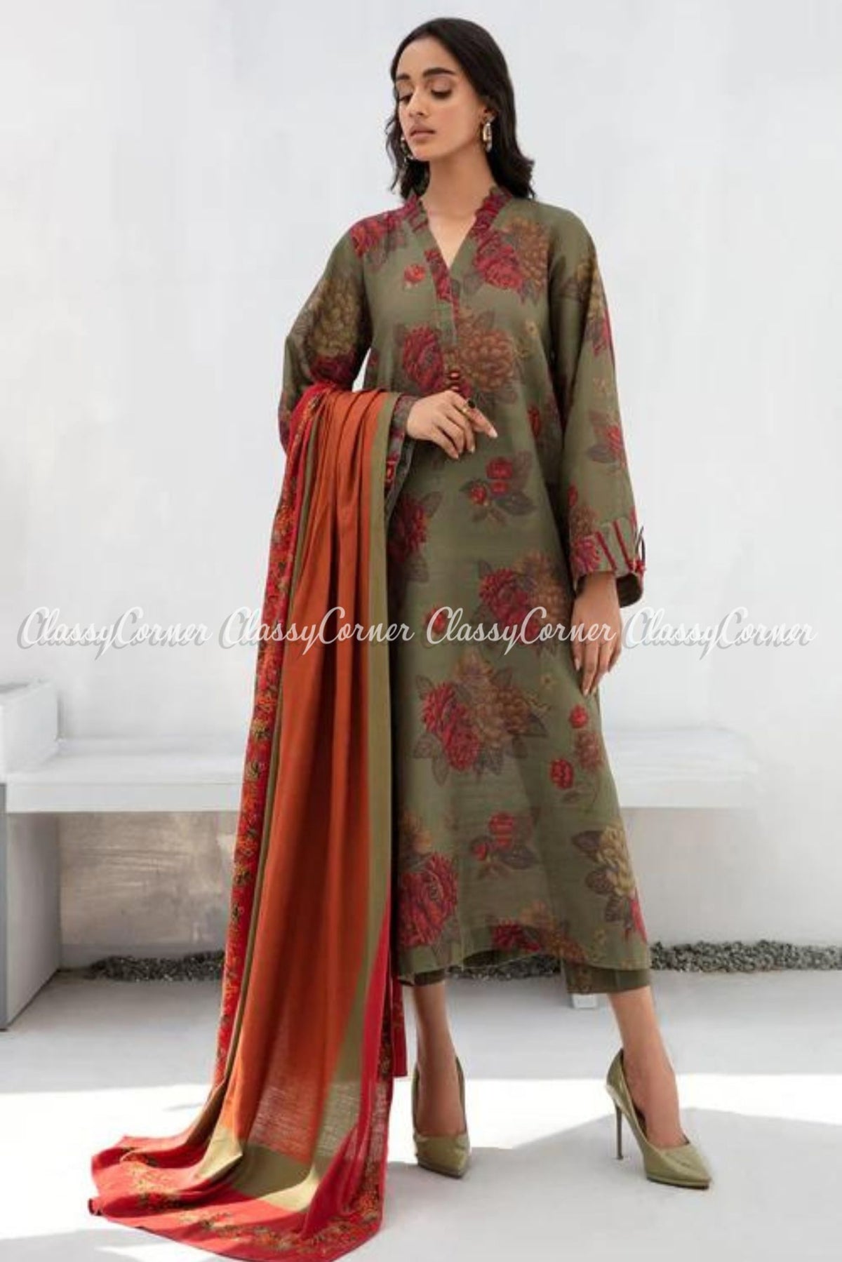 Green Orange Floral Printed Khaddar Salwar Kameez