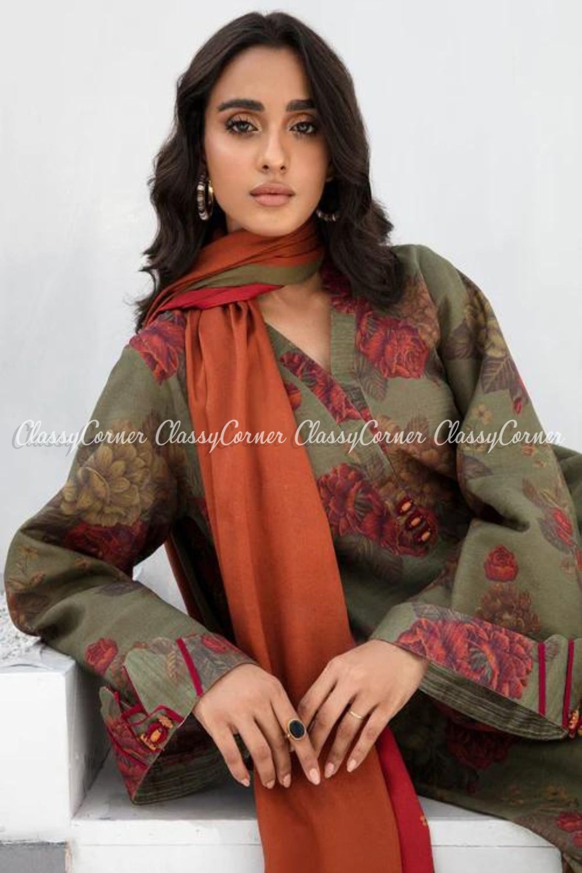 Green Orange Floral Printed Khaddar Salwar Kameez