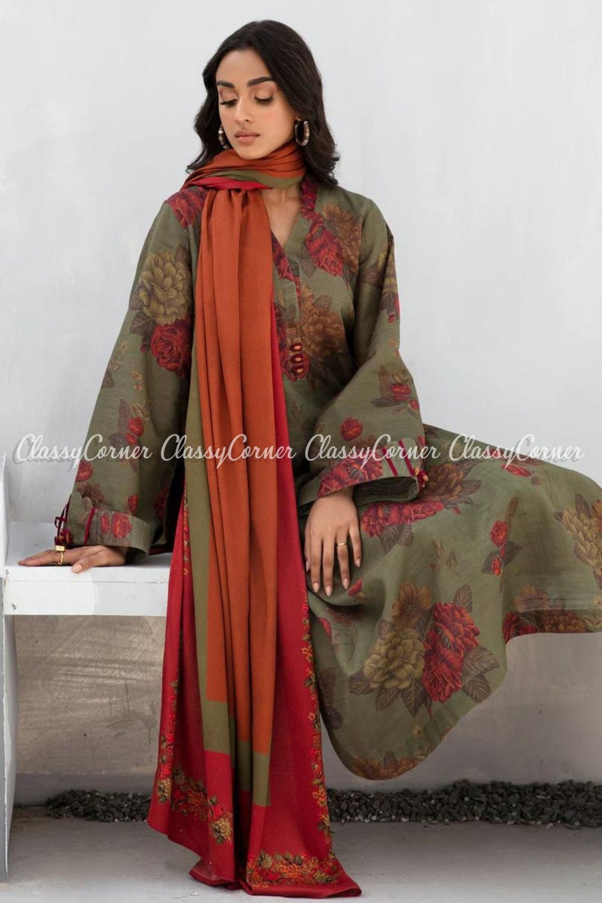 Green Orange Floral Printed Khaddar Salwar Kameez