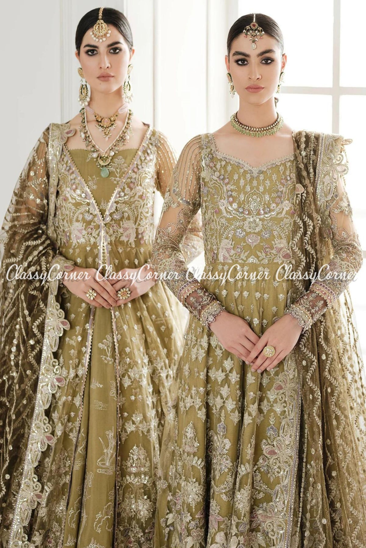 Olive Green Net Embroidered Party Wear Gown Outfits