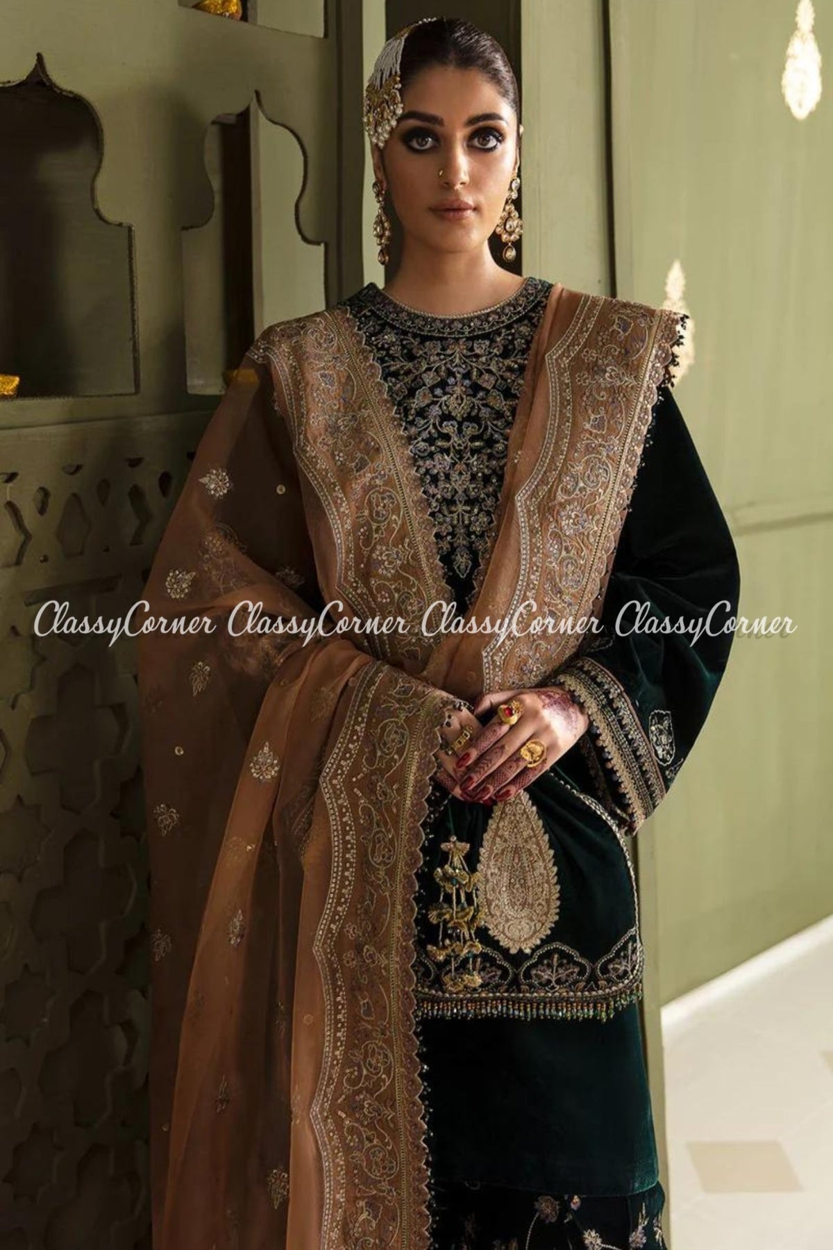 Dark Green Peach Velvet Embroidered Salwar Kameez