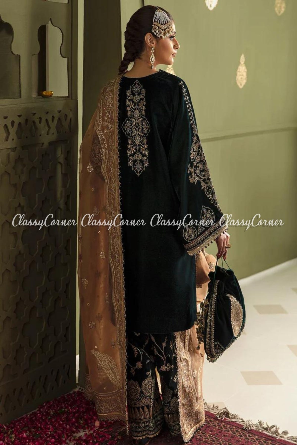 Dark Green Peach Velvet Embroidered Salwar Kameez