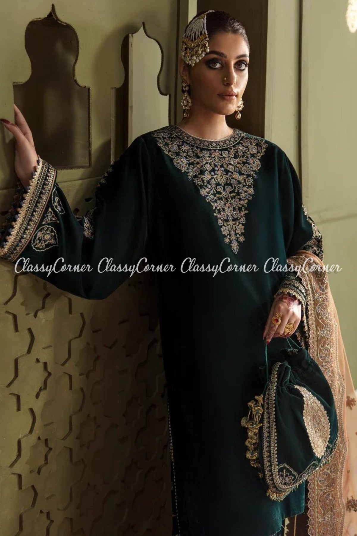 Dark Green Peach Velvet Embroidered Salwar Kameez