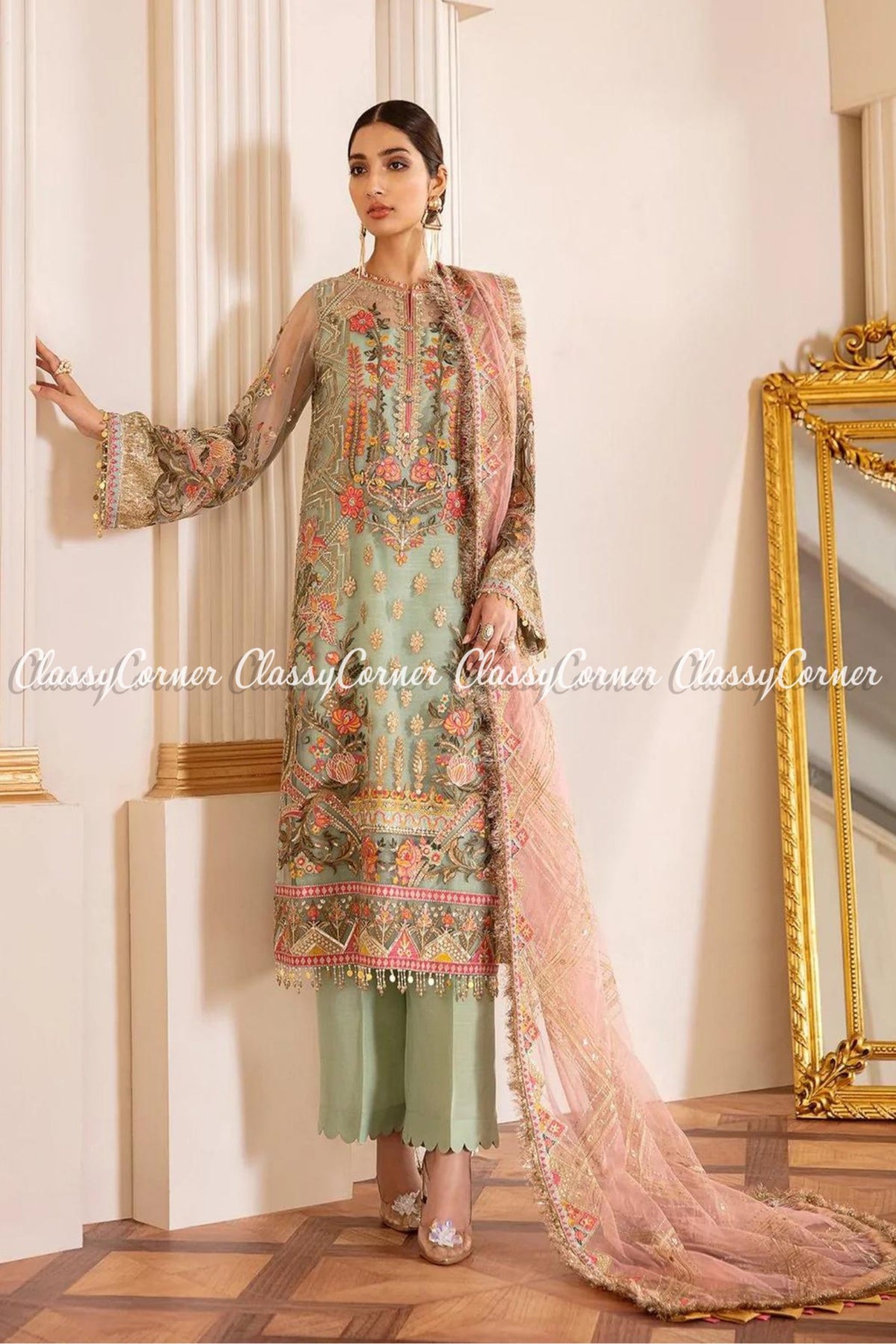 Pastel Green Pink Net Embroidered Pakistani Salwar Kameez Outfits - Classy Corner