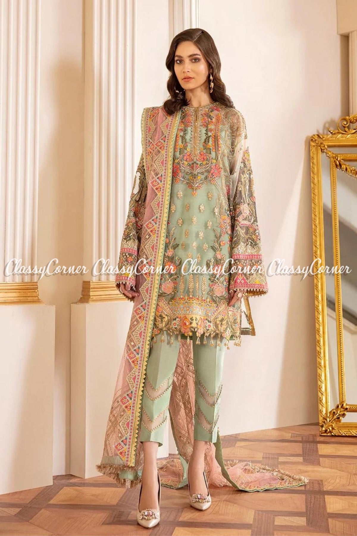 Pastel Green Pink Net Embroidered Pakistani Salwar Kameez Outfits - Classy Corner