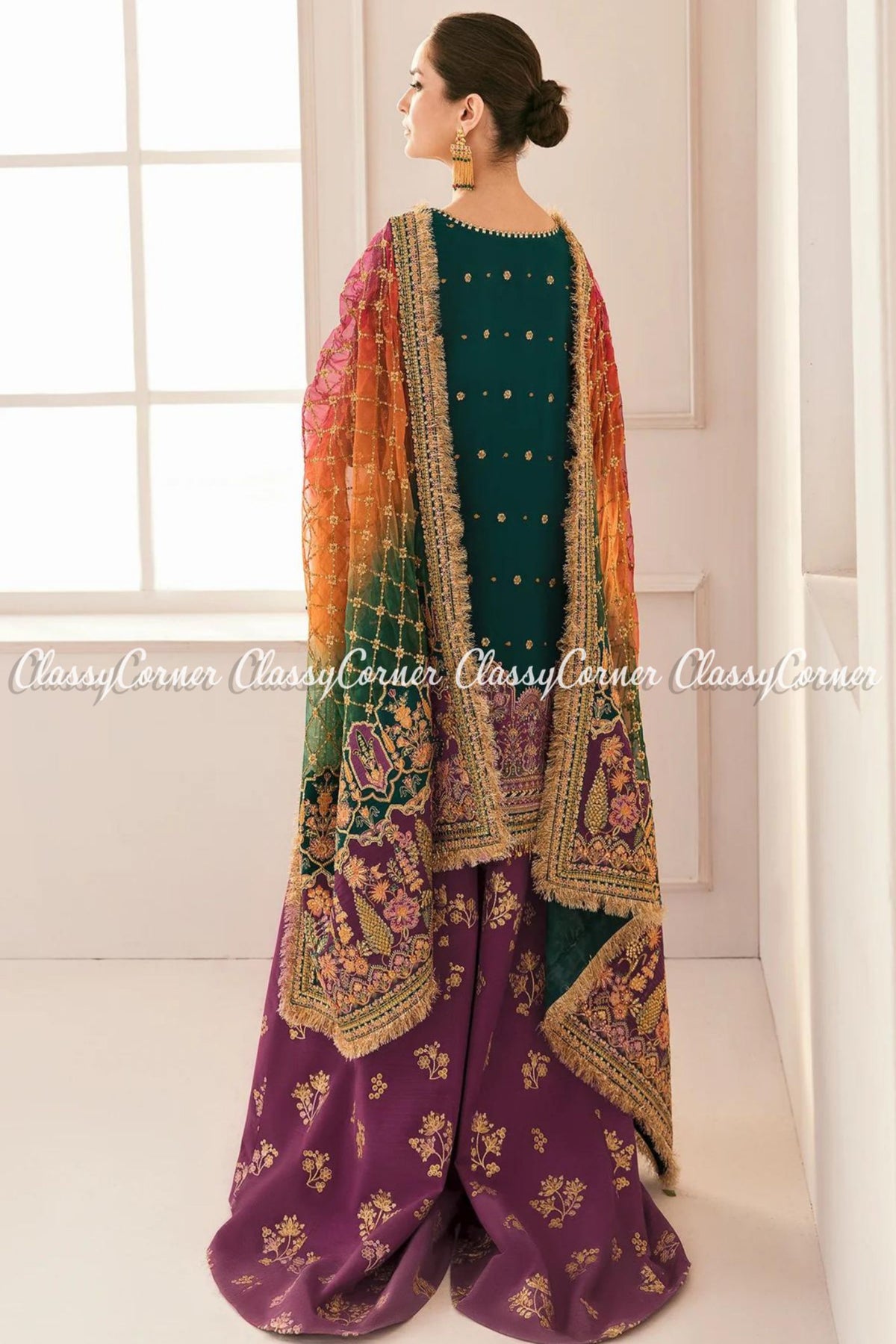 Pakistani Green Purple Chiffon Embroidered Salwar Kameez Saharara