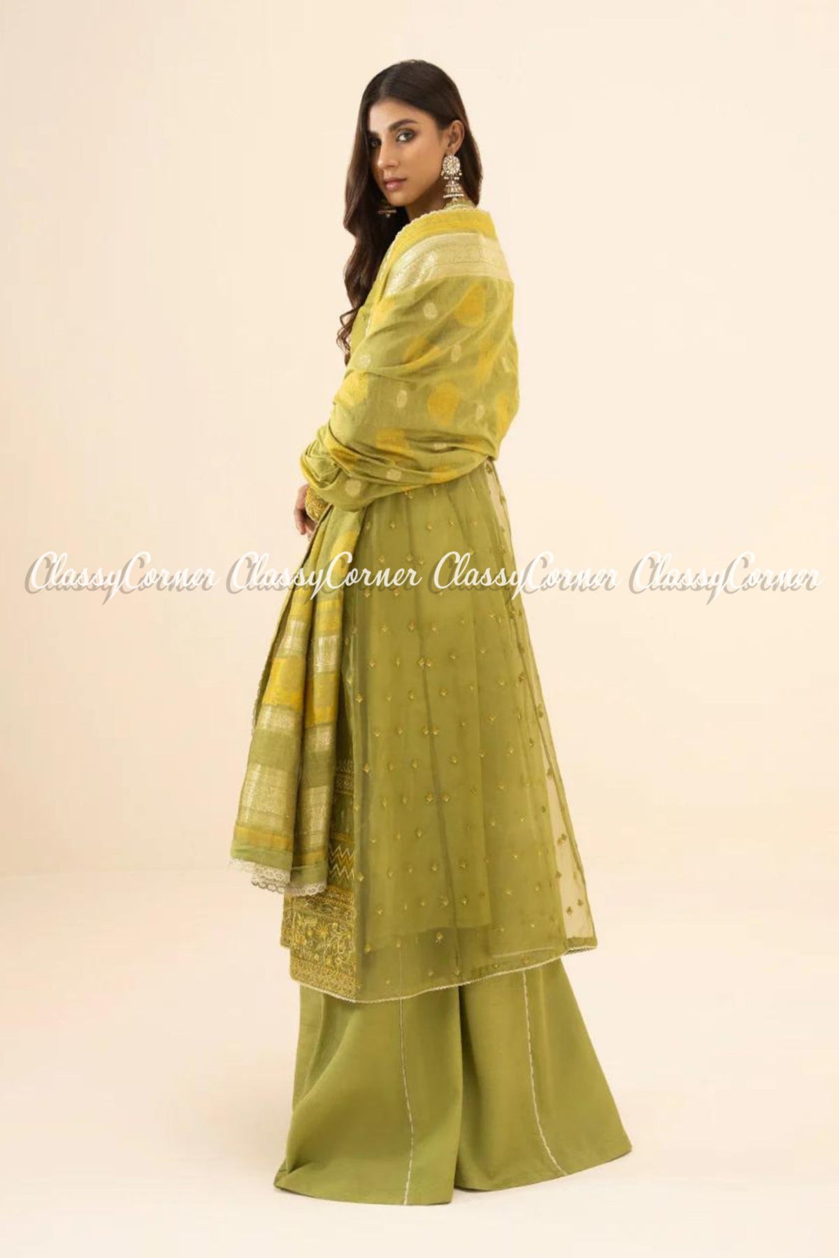 Pakistani Pistachio Organza Embroidered Party Wear Sharara Dress