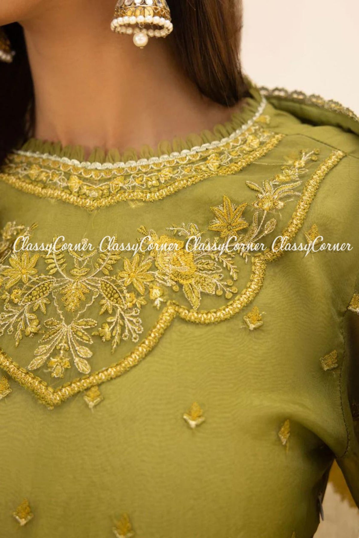 Pakistani Pistachio Organza Embroidered Party Wear Sharara Dress