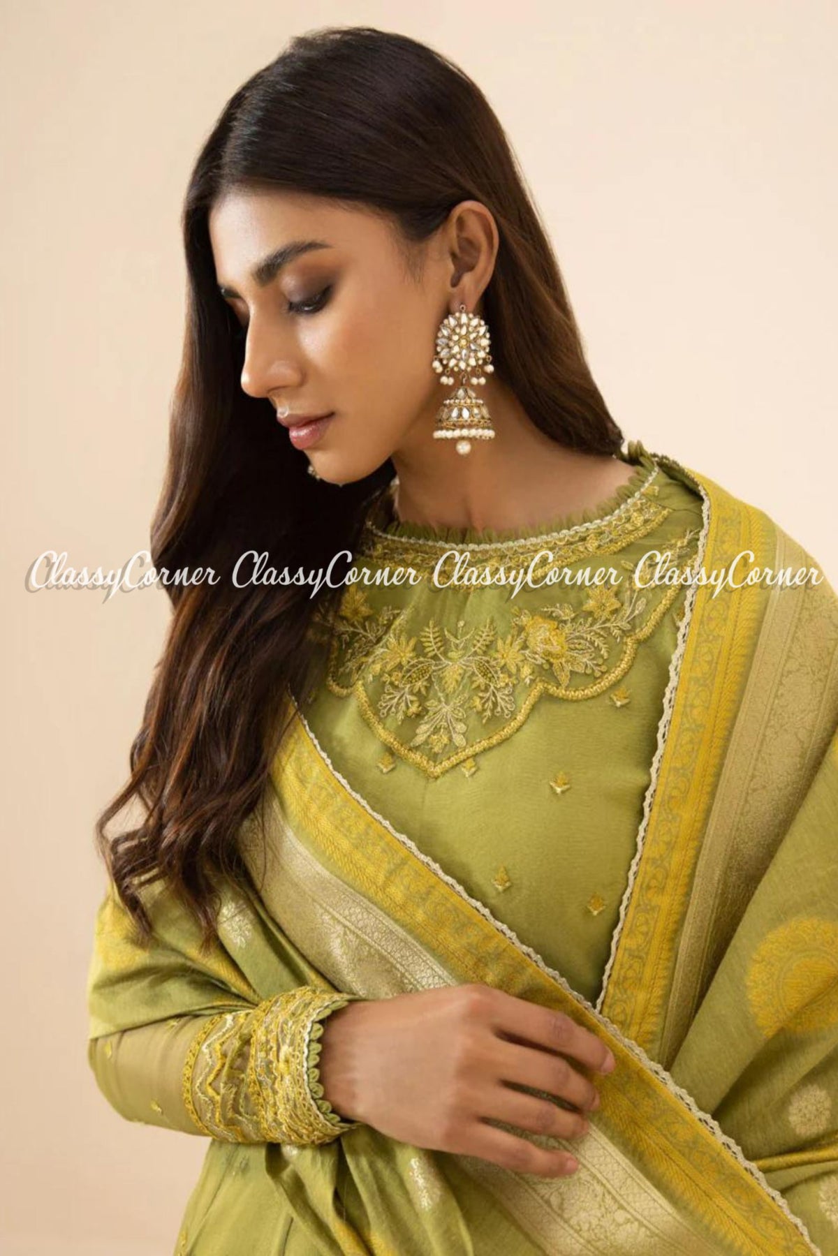 Pakistani Pistachio Organza Embroidered Party Wear Sharara Dress