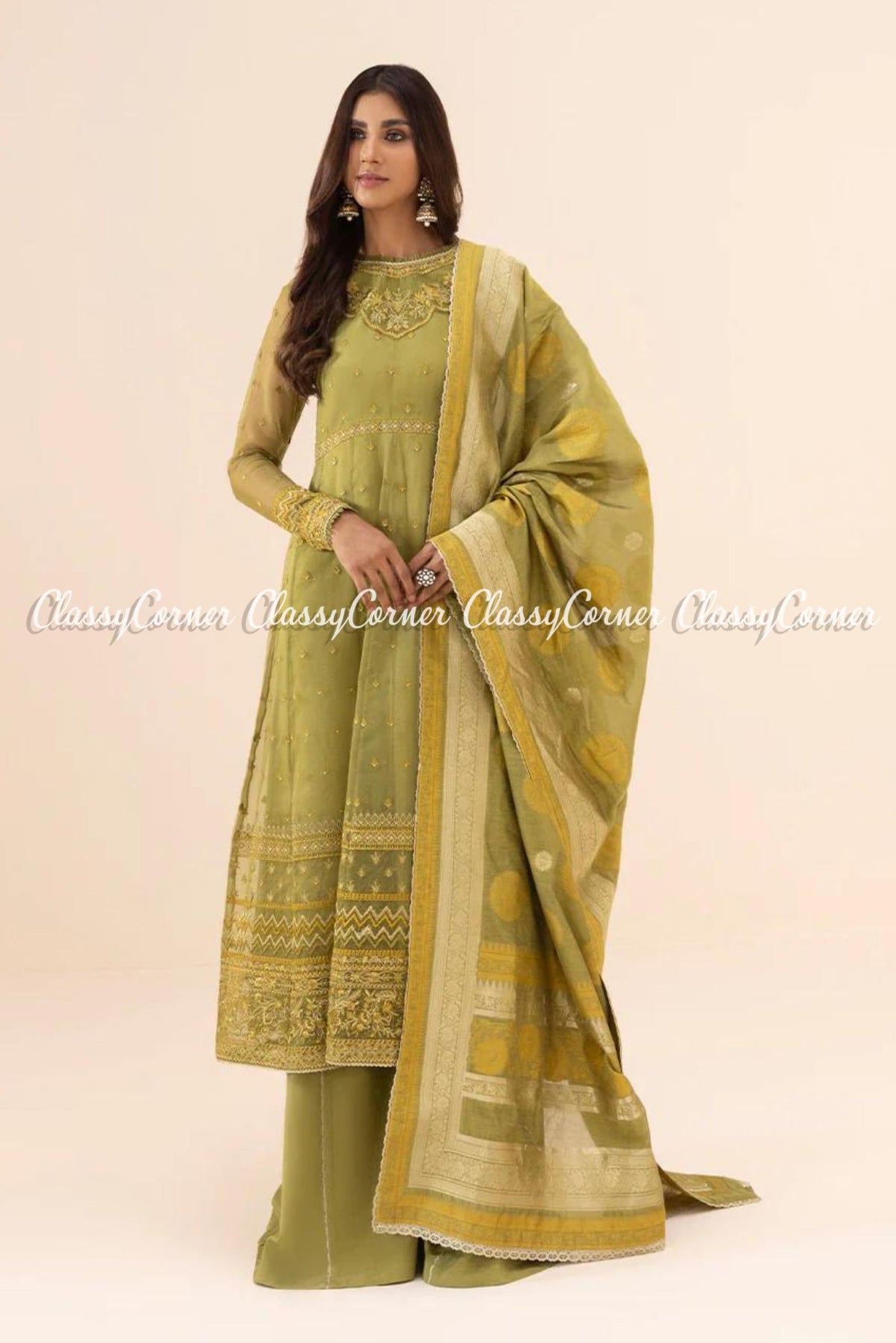 Pakistani Pistachio Organza Embroidered Party Wear Sharara Dress