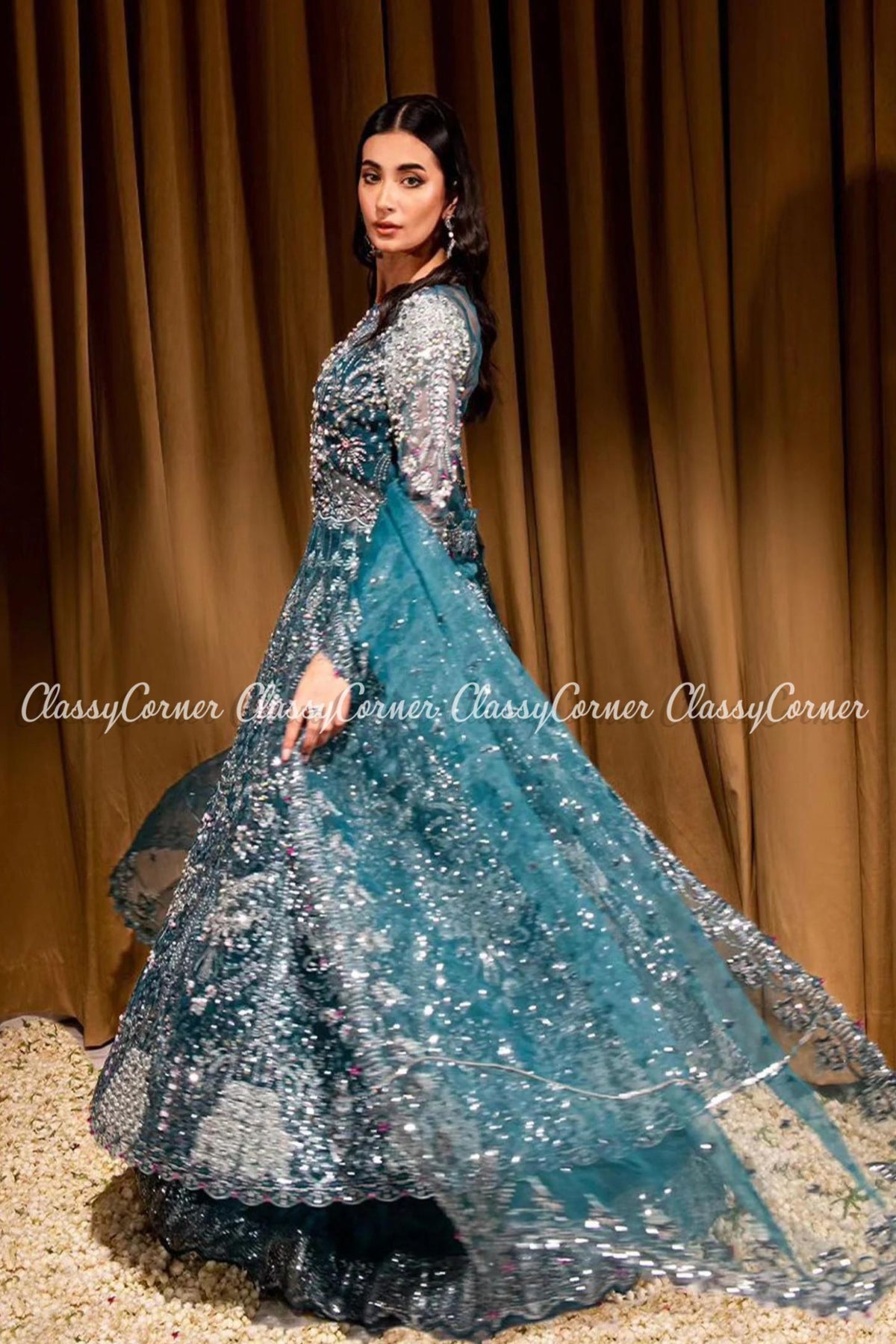 Teal Green Organza Embroidered Bridal Wear Lehenga Outfit