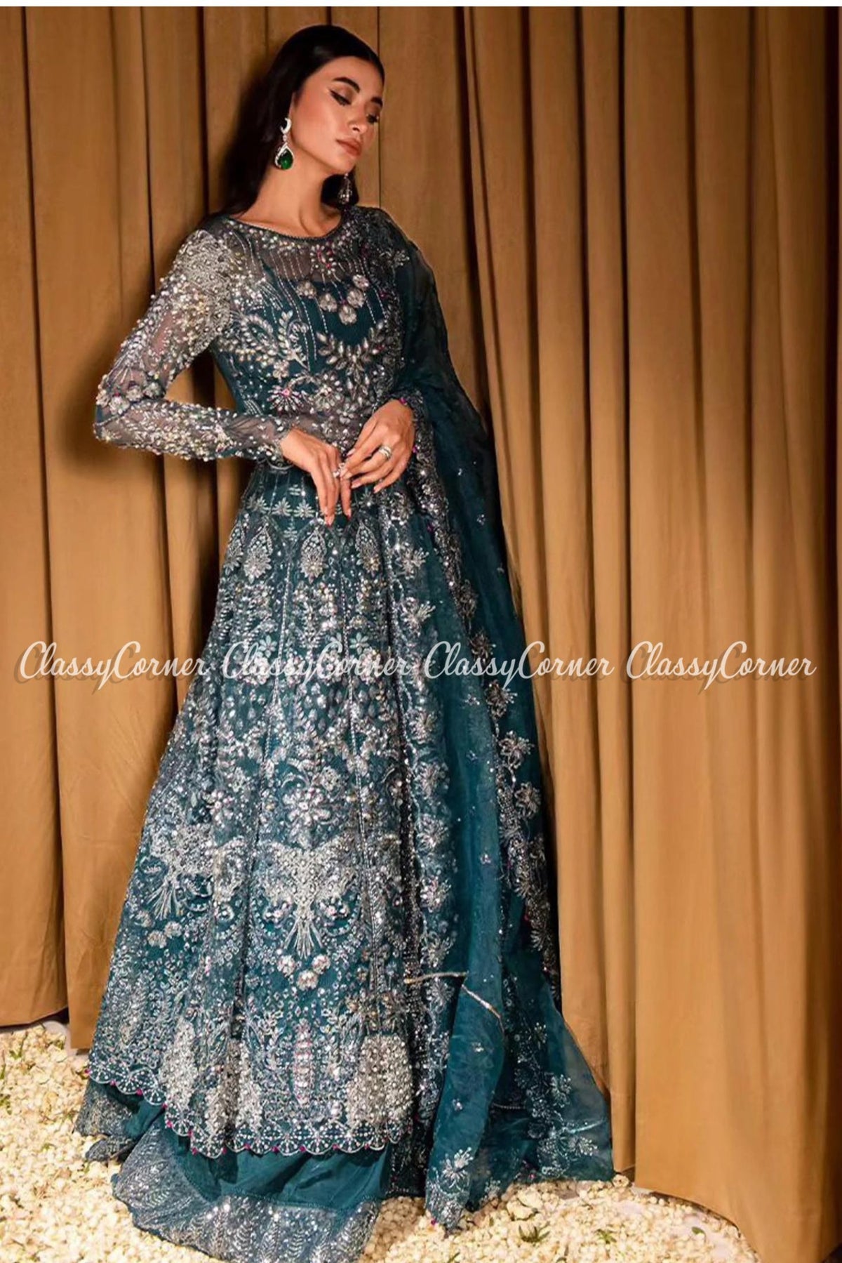 Teal Green Organza Embroidered Bridal Wear Lehenga Outfit