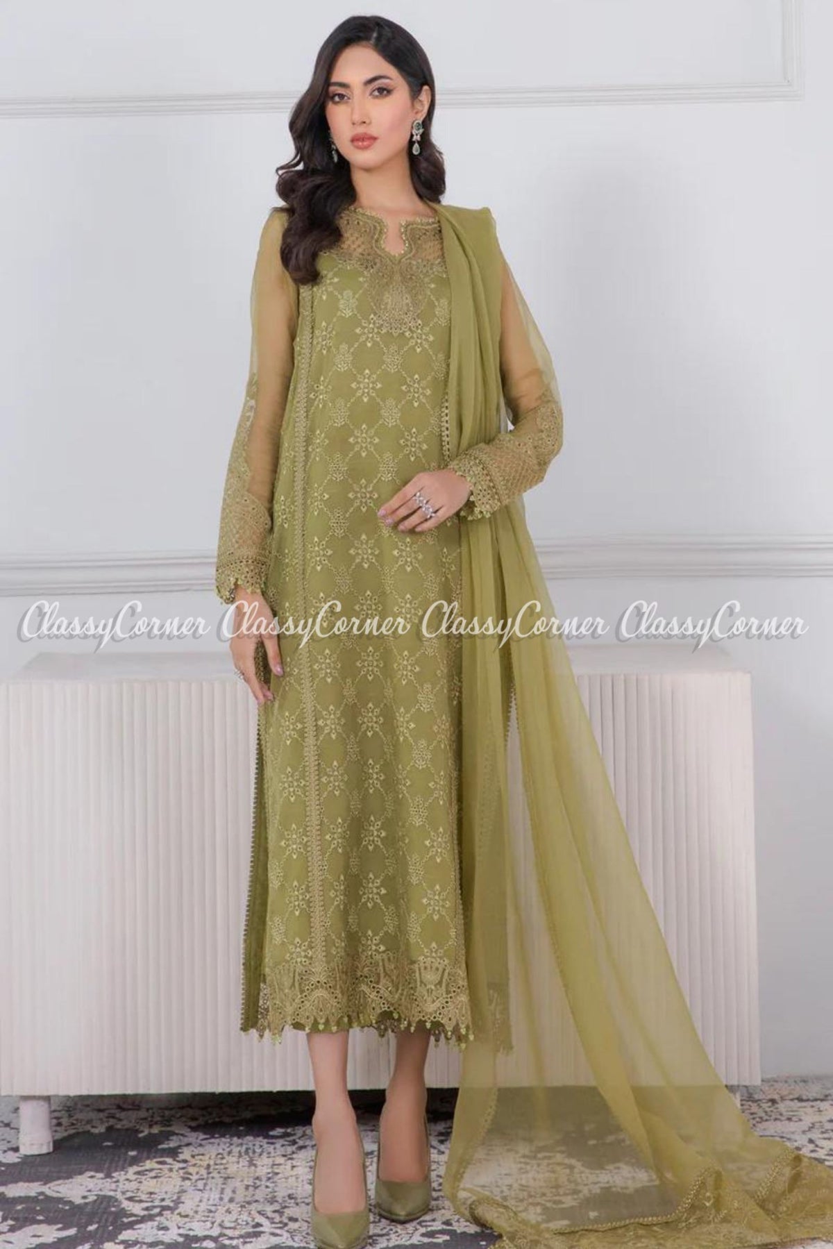 Olive Green Chiffon Embroidered Formal Wear Suit