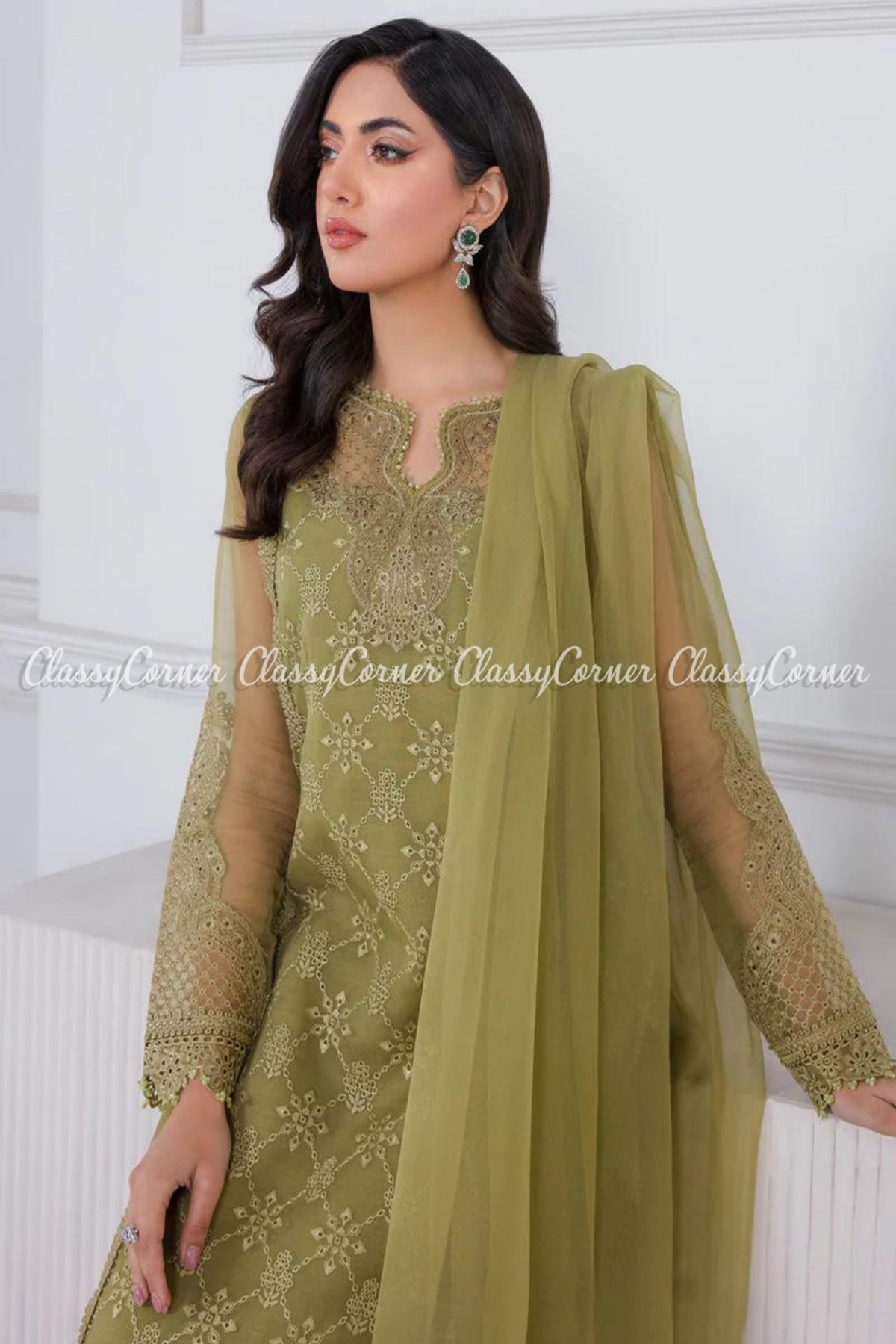 Olive Green Chiffon Embroidered Formal Wear Suit