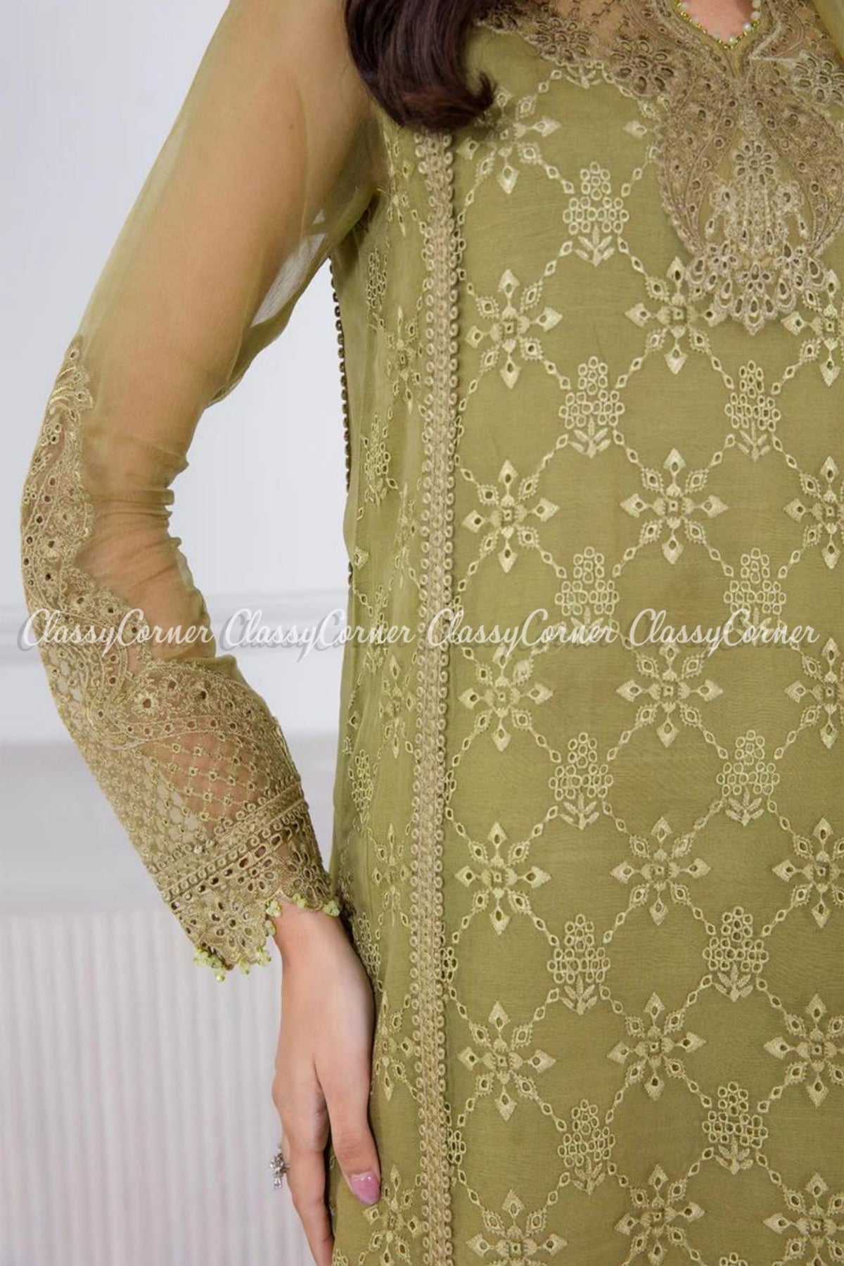 Olive Green Chiffon Embroidered Formal Wear Suit