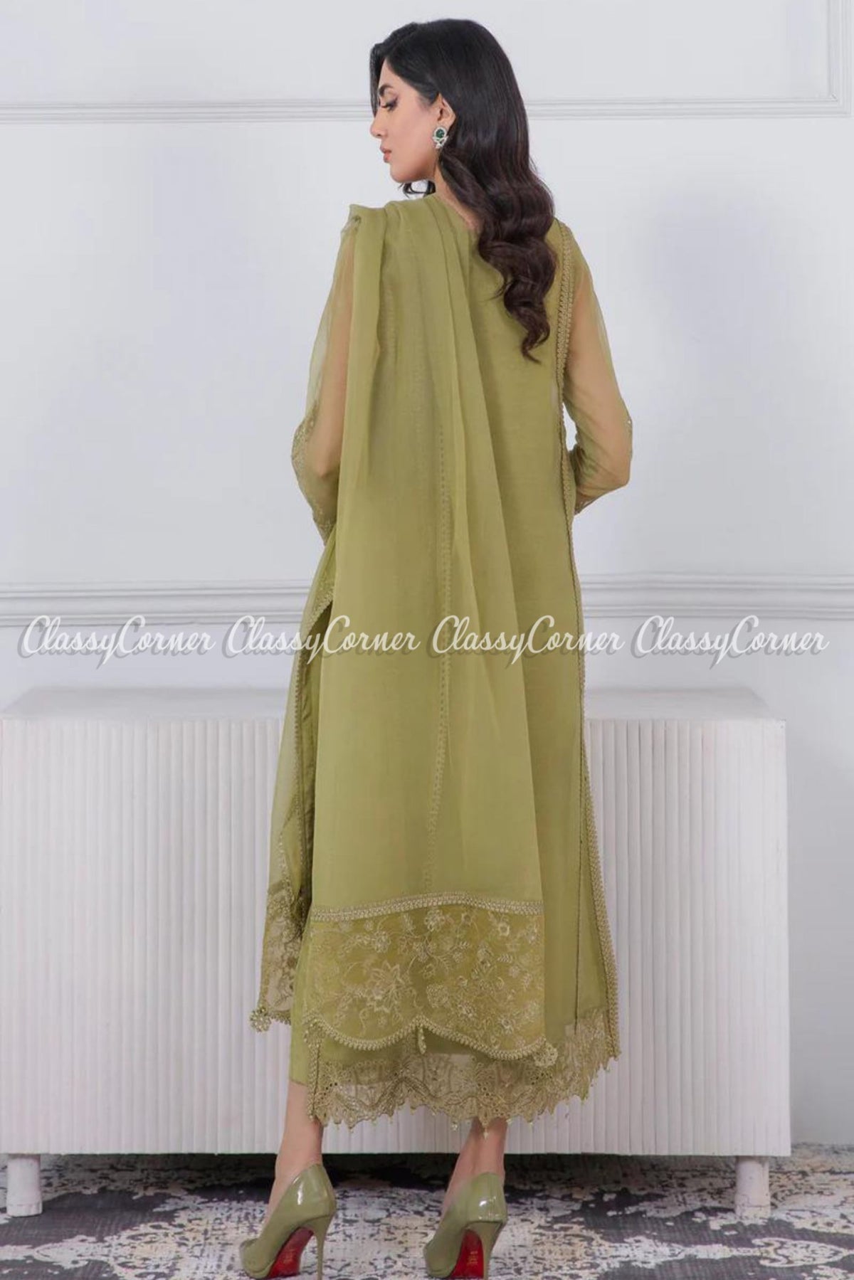 Olive Green Chiffon Embroidered Formal Wear Suit