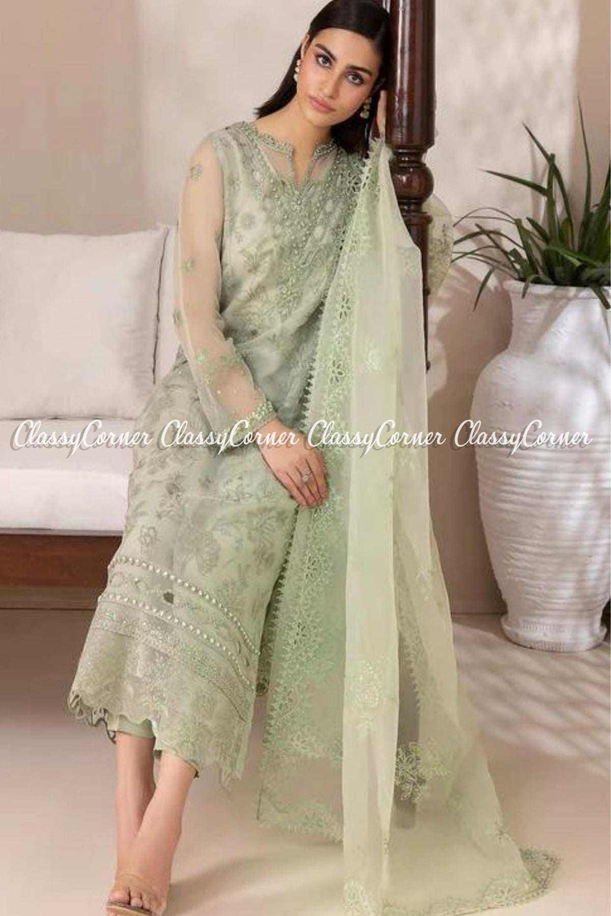 Pastel Green Organza Embroidered Formal Wear Outfit