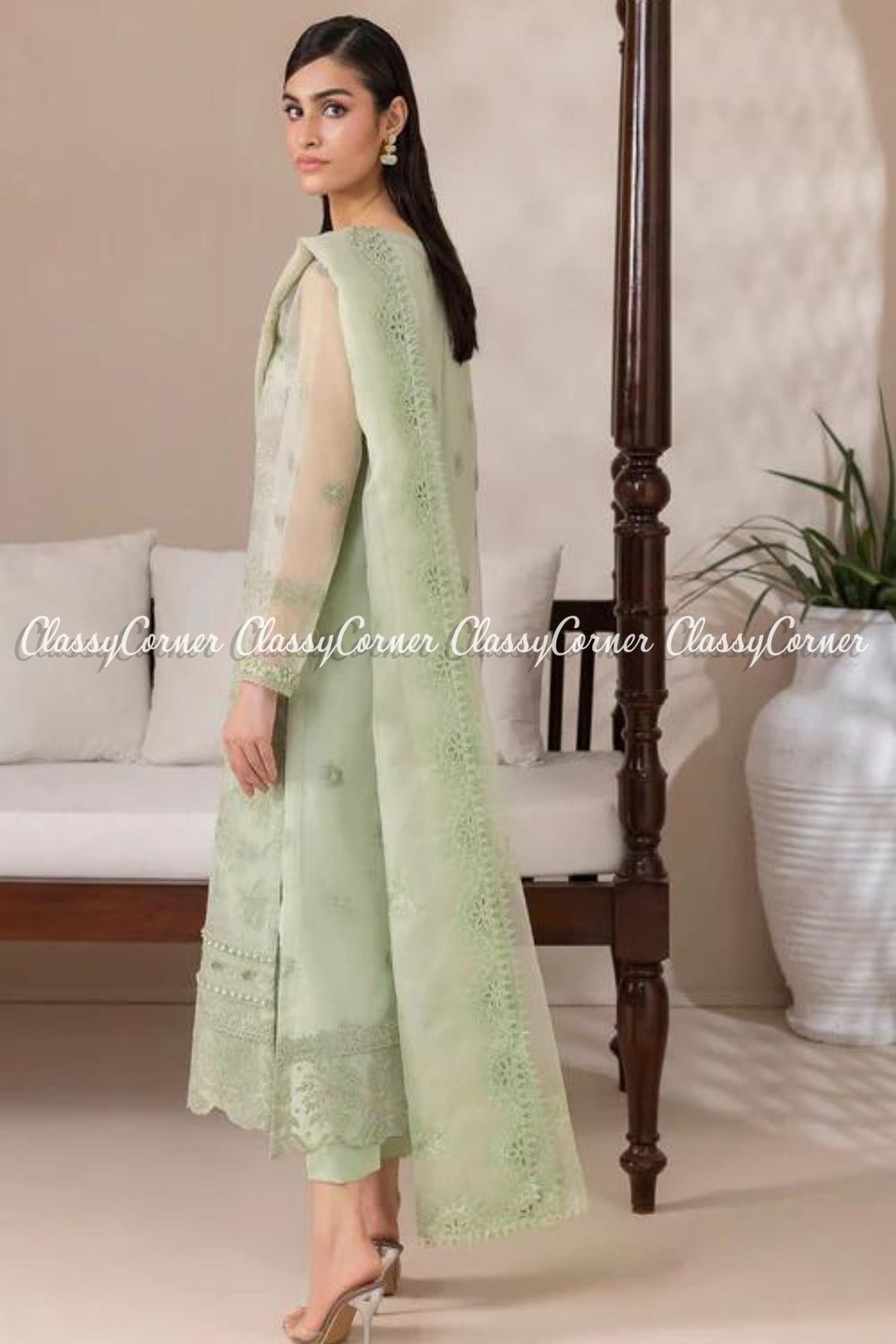 Pastel Green Organza Embroidered Formal Wear Outfit