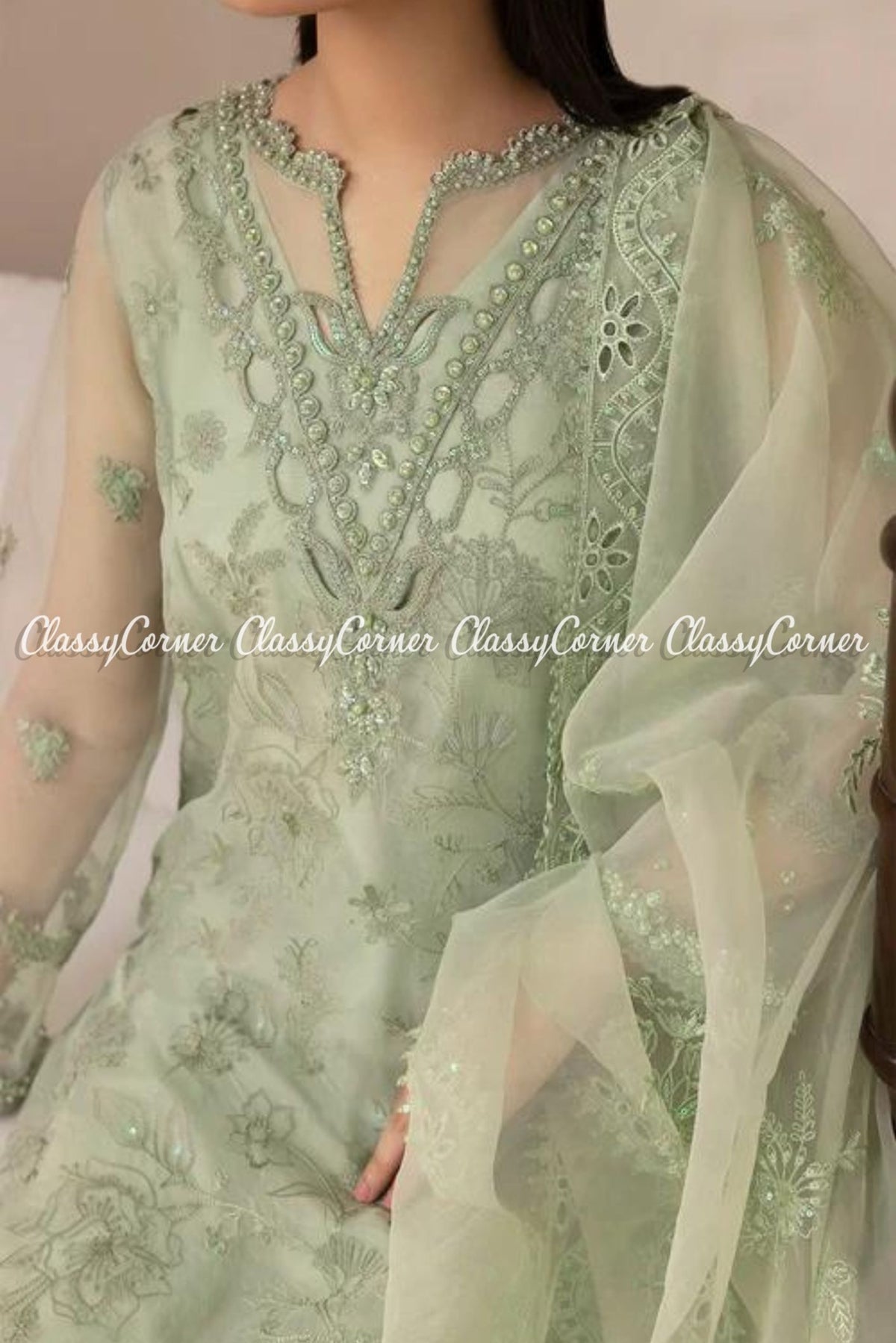 Pastel Green Organza Embroidered Formal Wear Outfit